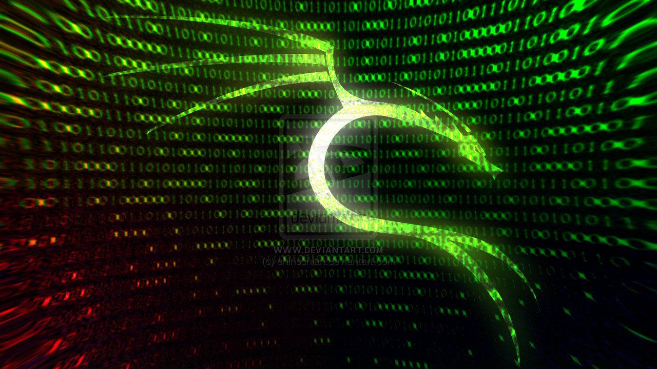 Kali Linux, glowing green virus symbol, cascading binary code, HD Desktop Wallpaper