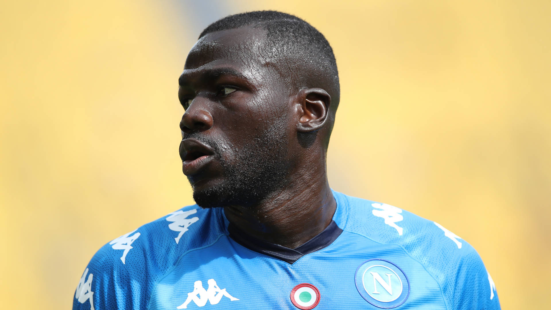 Kalidou Koulibaly, blue Napoli jersey, bright yellow background, Full HD Desktop Wallpaper