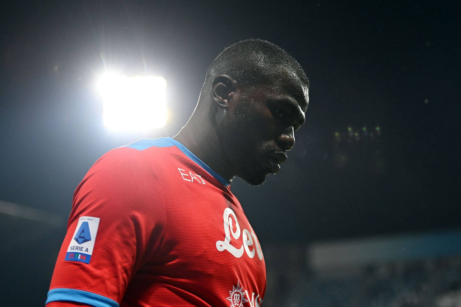 Kalidou Koulibaly, red Napoli jersey, stadium lights, Full HD Desktop Wallpaper