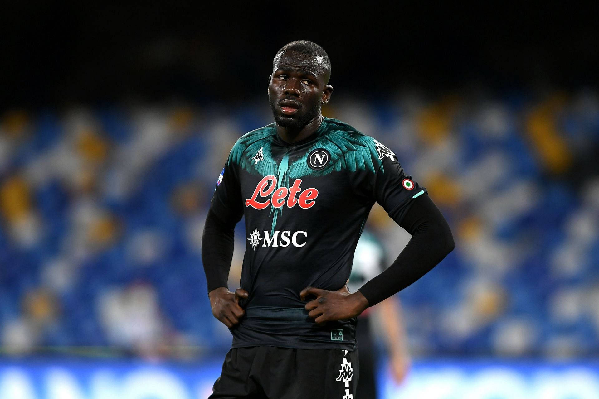 Kalidou Koulibaly, dark teal and black Napoli jersey, stadium pitch, Full HD Desktop Wallpaper
