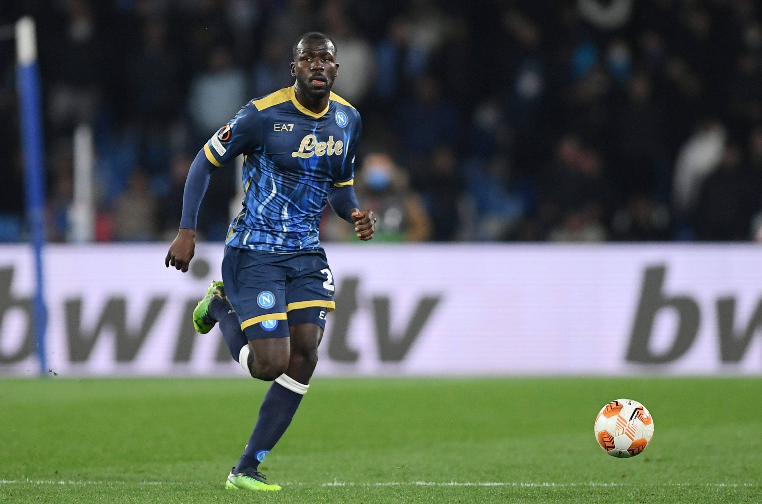 Kalidou Koulibaly, blue Napoli jersey, white and orange ball, 2K Desktop Wallpaper