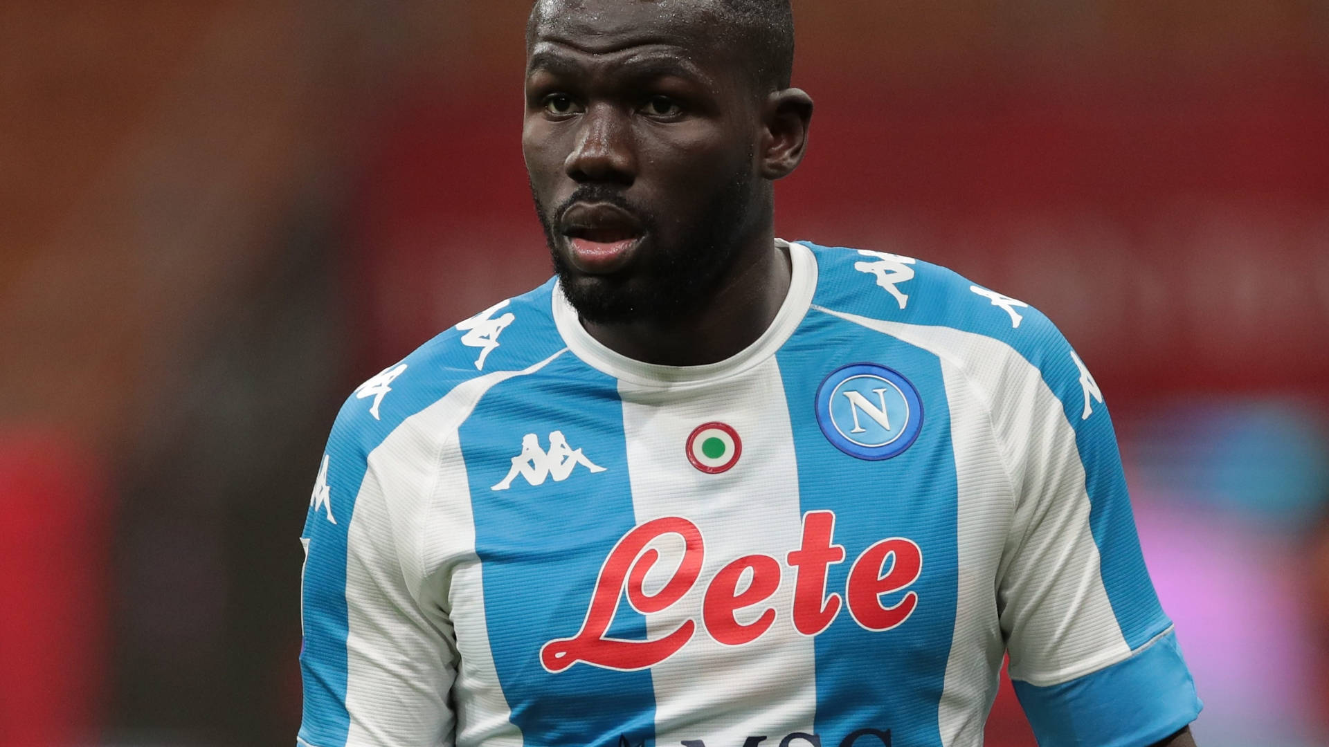 Kalidou Koulibaly, blue and white striped Napoli jersey, red sponsor text, Full HD Desktop Wallpaper