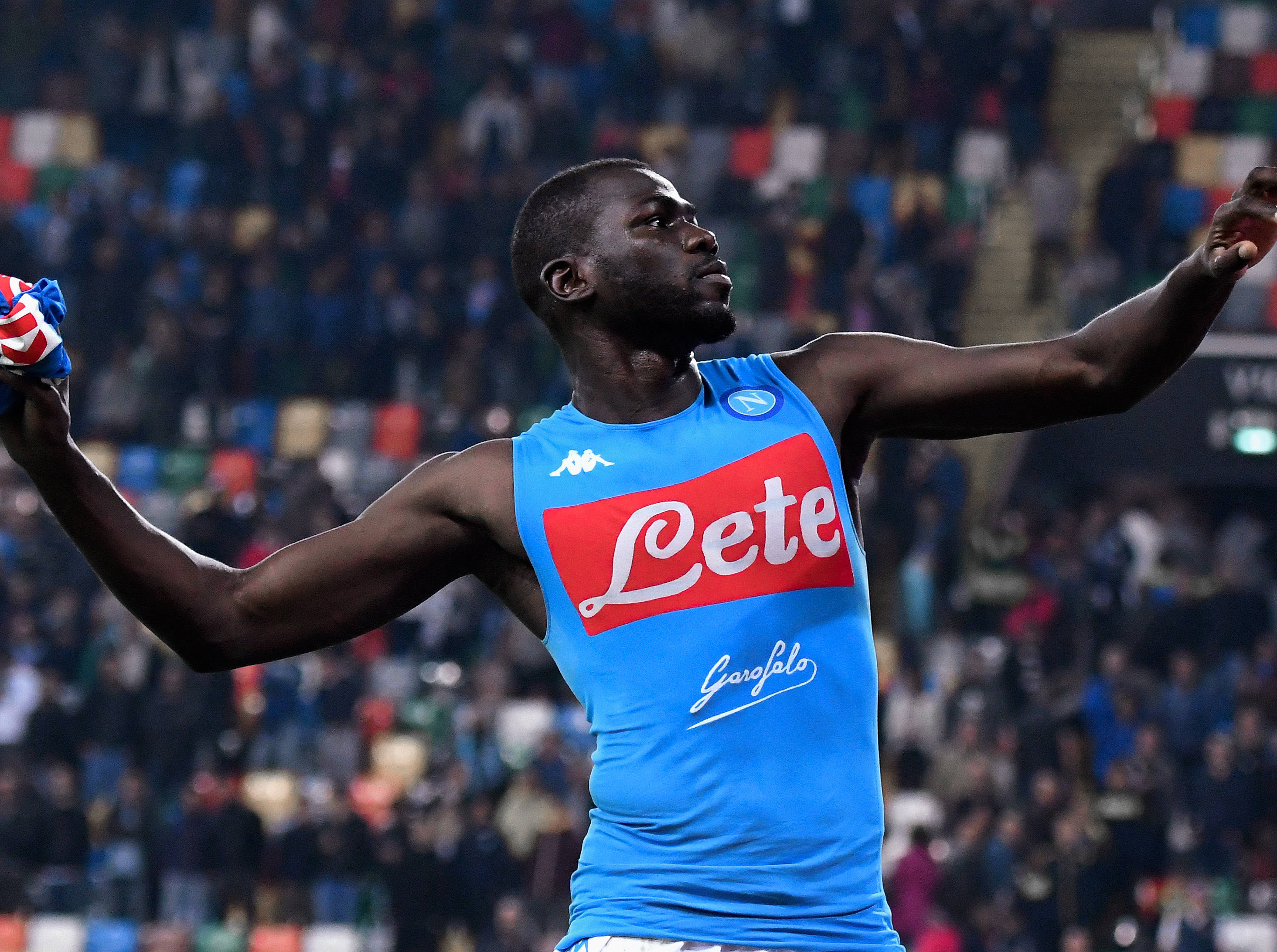 Kalidou Koulibaly, blue Napoli jersey, packed stadium, 2K Desktop Wallpaper