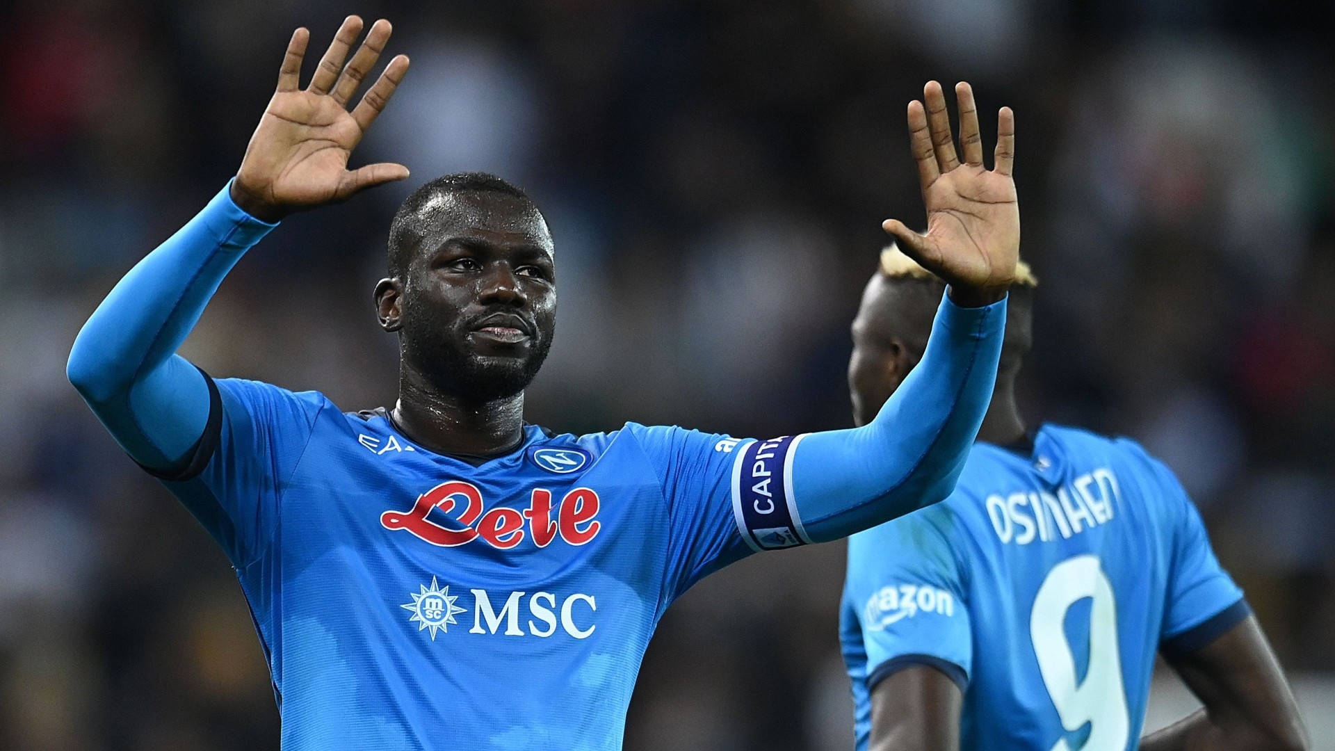 Kalidou Koulibaly, blue Napoli jersey, stadium lights, Full HD Desktop Wallpaper