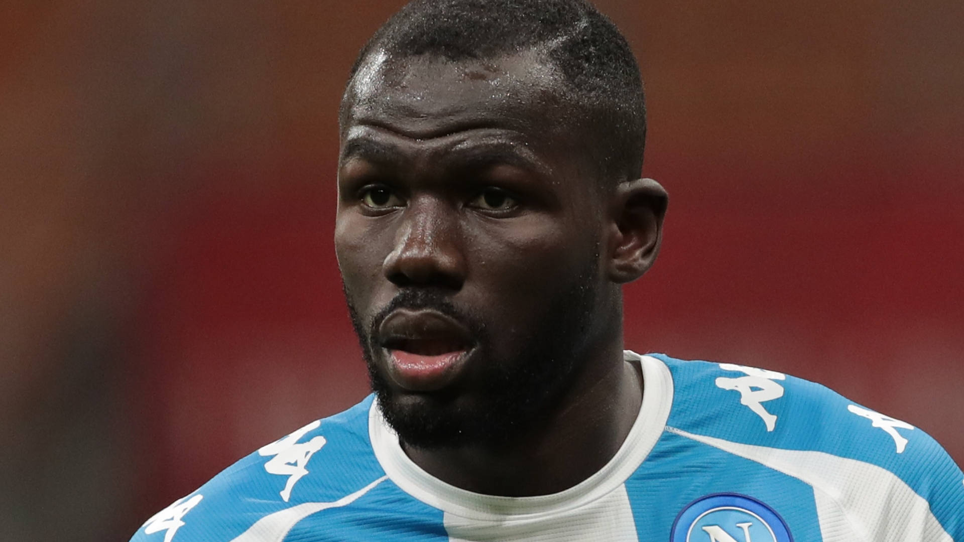 Kalidou Koulibaly, blue and white Napoli jersey, sweat glistening on his skin, Full HD Desktop Wallpaper