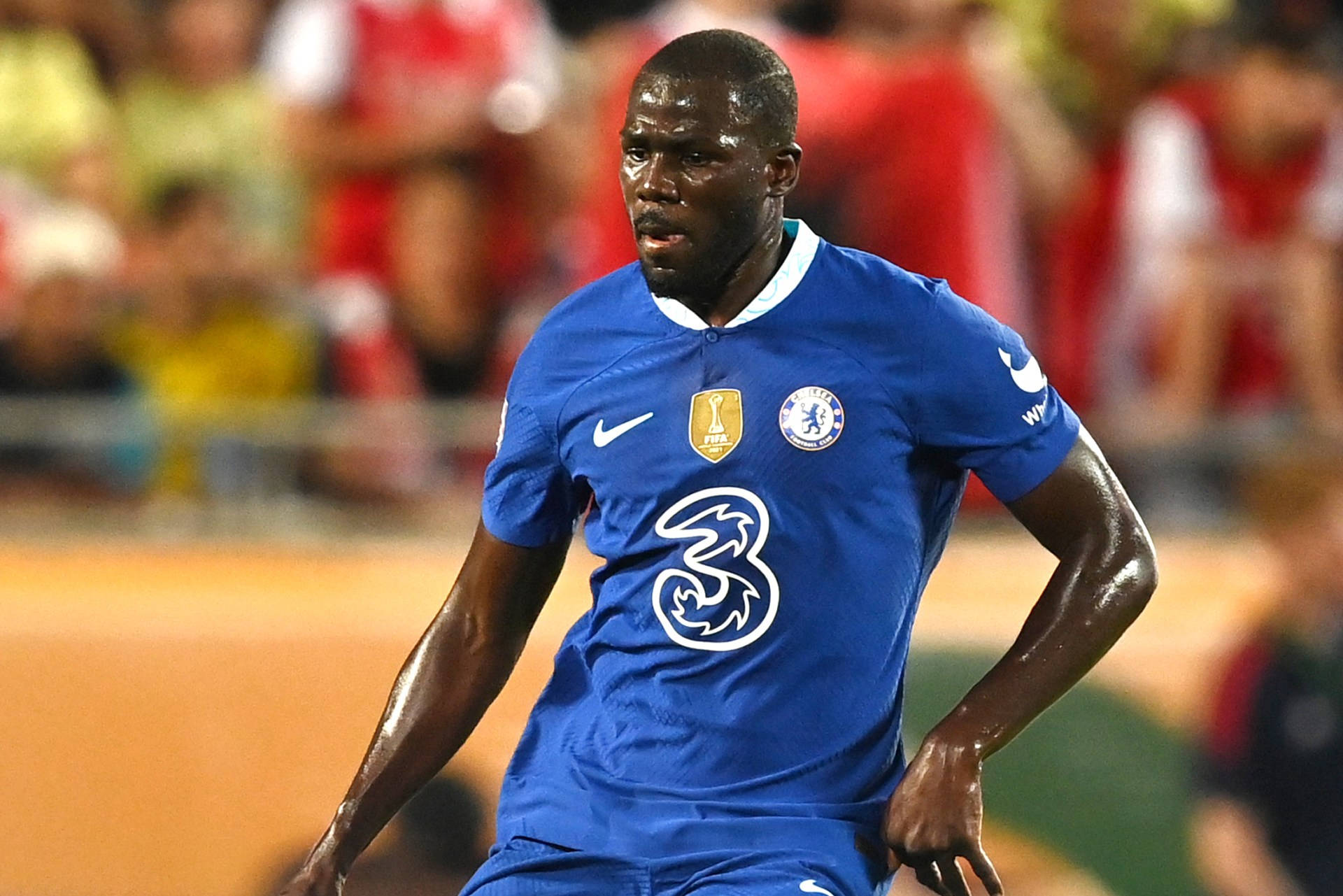Kalidou Koulibaly, blue Chelsea jersey, stadium field, Full HD Desktop Wallpaper