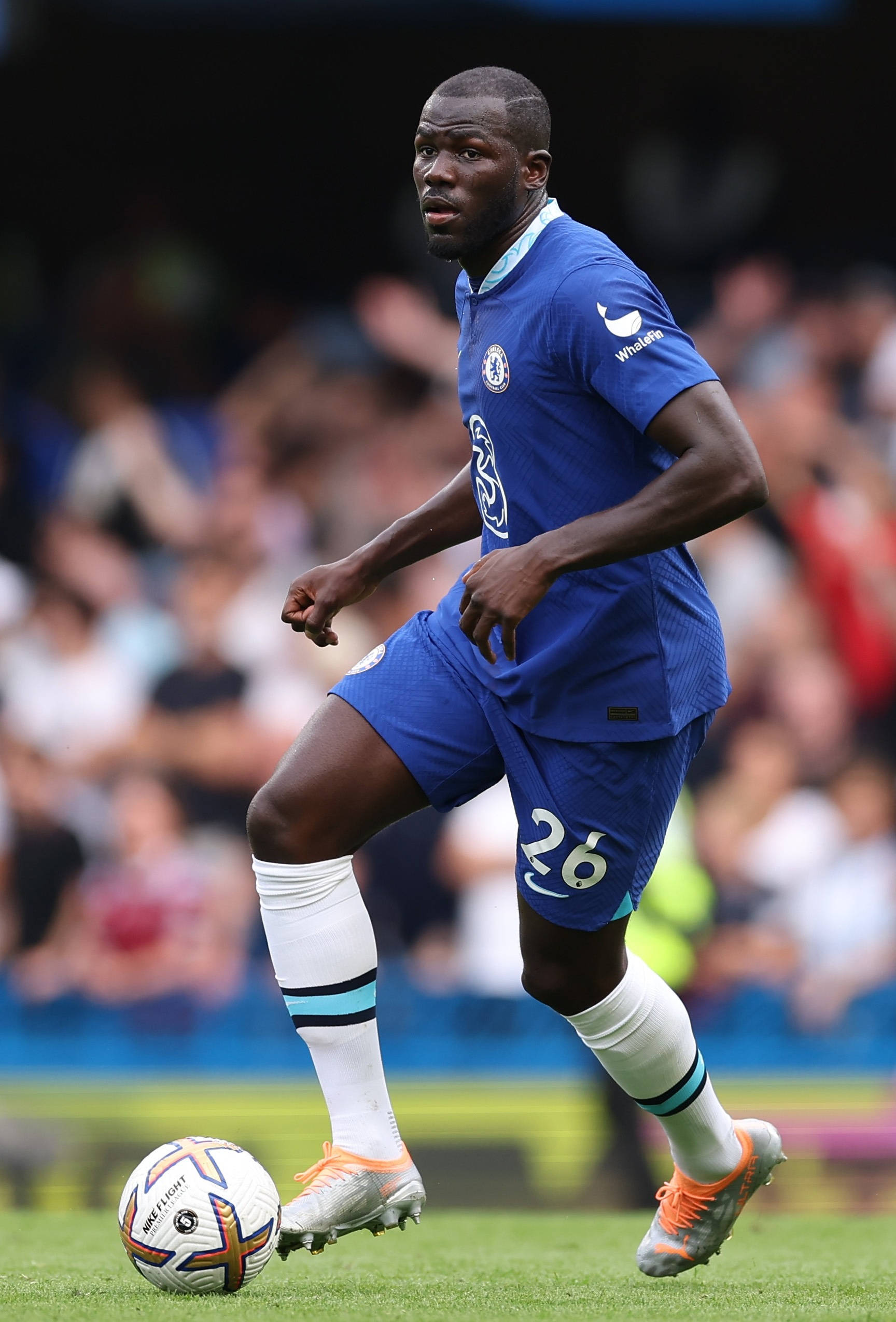 Kalidou Koulibaly, blue Chelsea kit, white ball, Full HD Phone Wallpaper