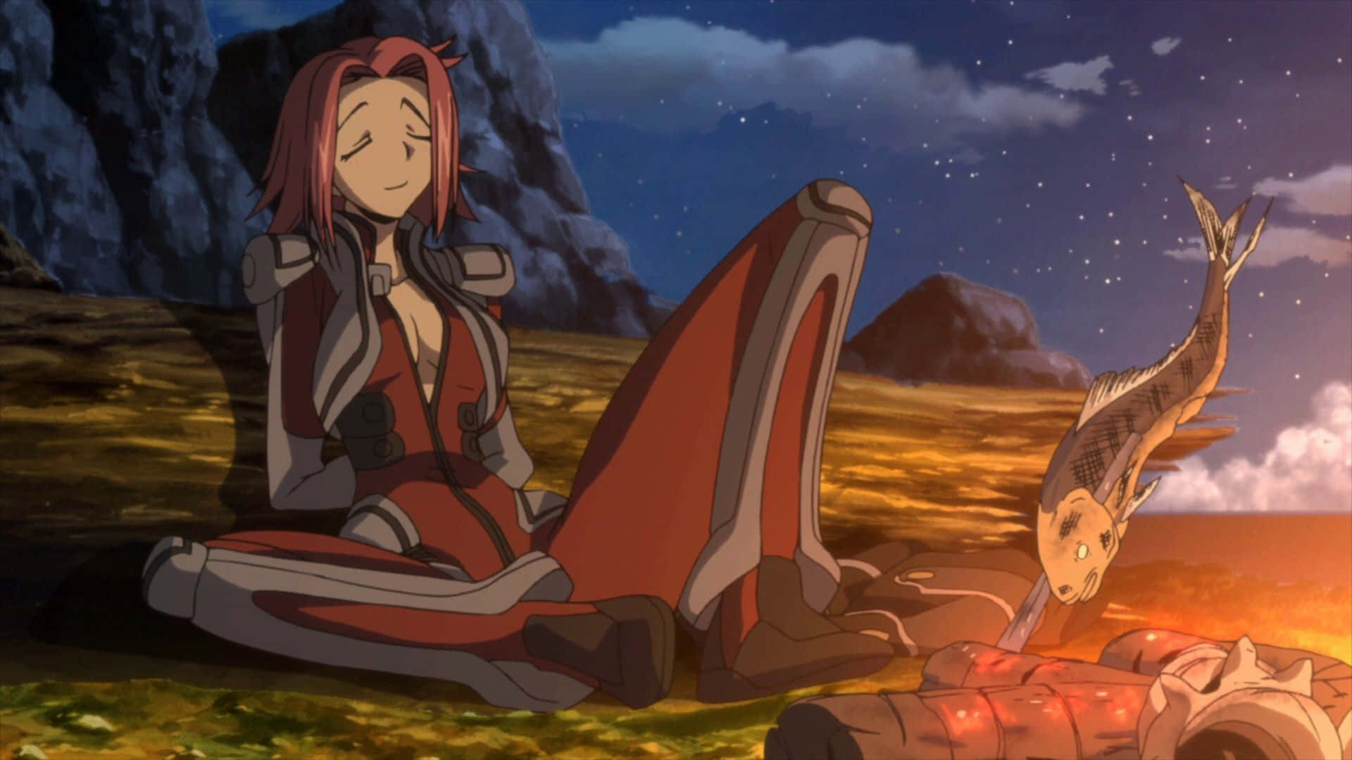 Kallen Stadtfeld, red armor, fish-like creature, Full HD Desktop Wallpaper