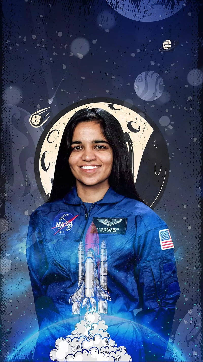 Kalpana Chawla, blue NASA flight suit, crescent moon, HD Phone Wallpaper