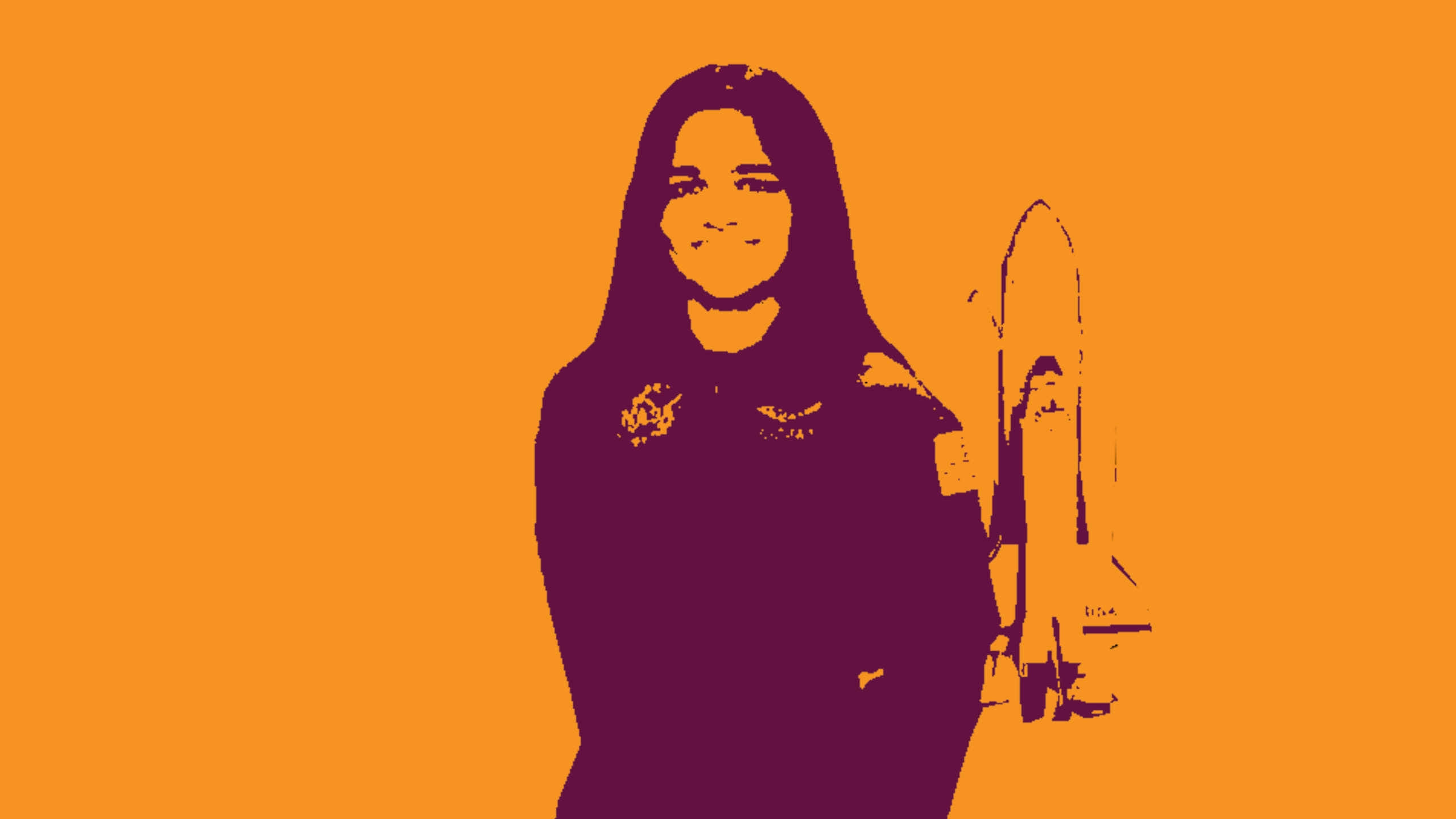 Kalpana Chawla, purple astronaut, vibrant orange background, 2K Desktop Wallpaper