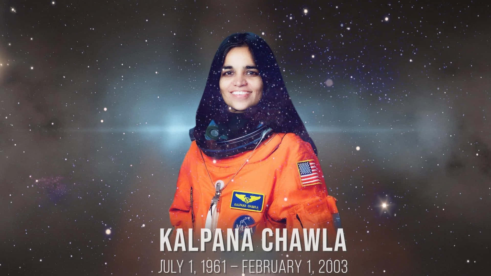 Kalpana Chawla, orange spacesuit, starry cosmic backdrop, Full HD Desktop Wallpaper