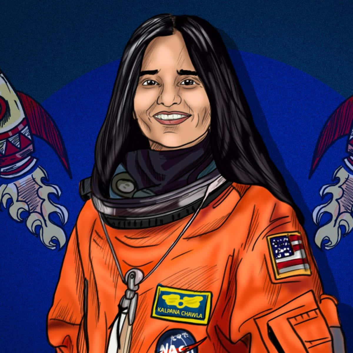 Kalpana Chawla, orange NASA suit, deep blue background, SD Desktop Wallpaper
