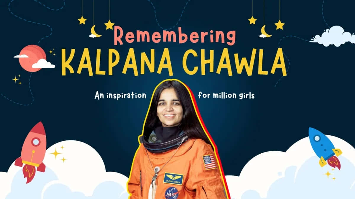 Kalpana Chawla, orange astronaut suit, dark blue sky, SD Desktop Wallpaper