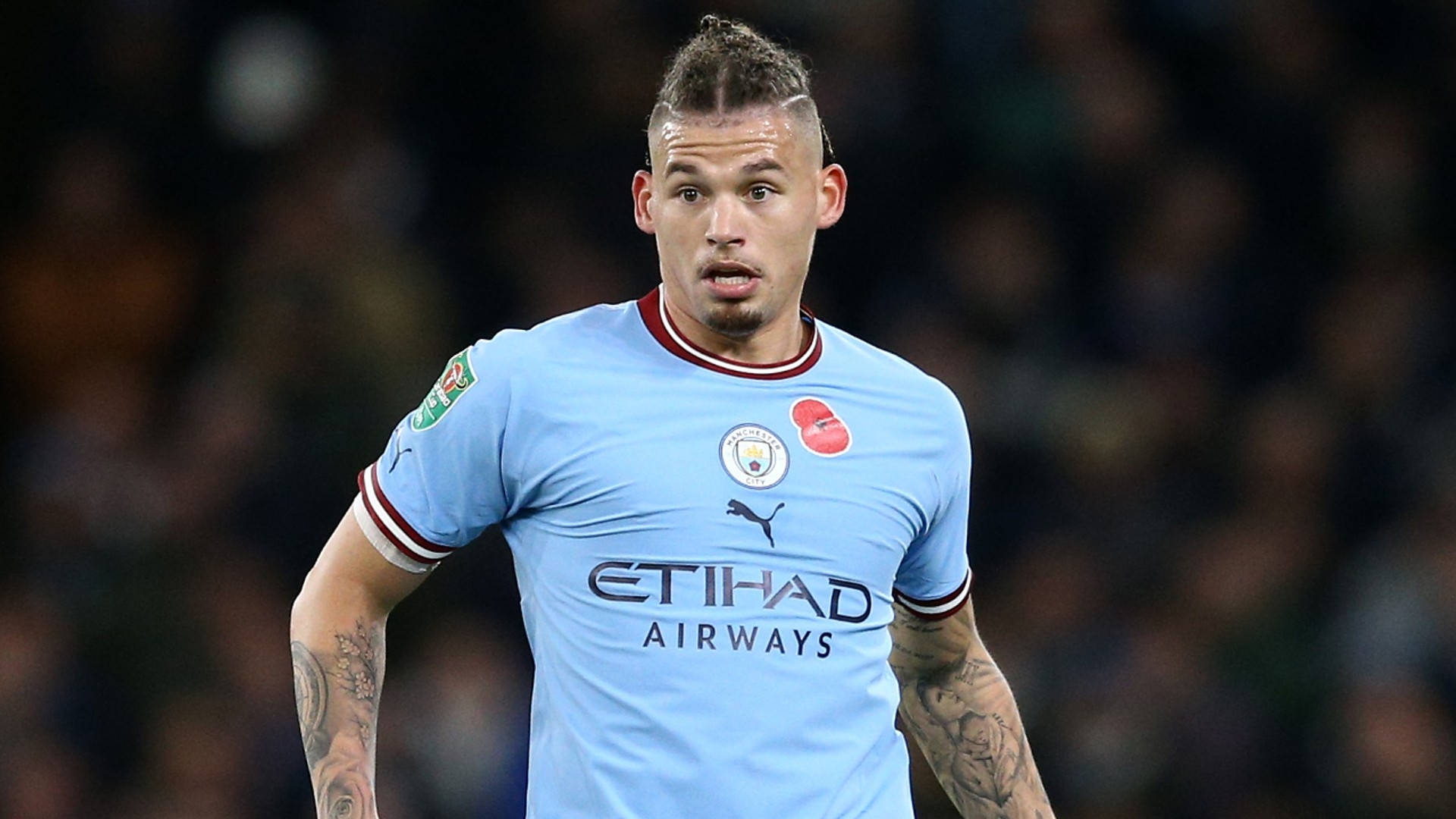 Kalvin Phillips, light blue Manchester City jersey, tattoos on his arms, Full HD Desktop Wallpaper