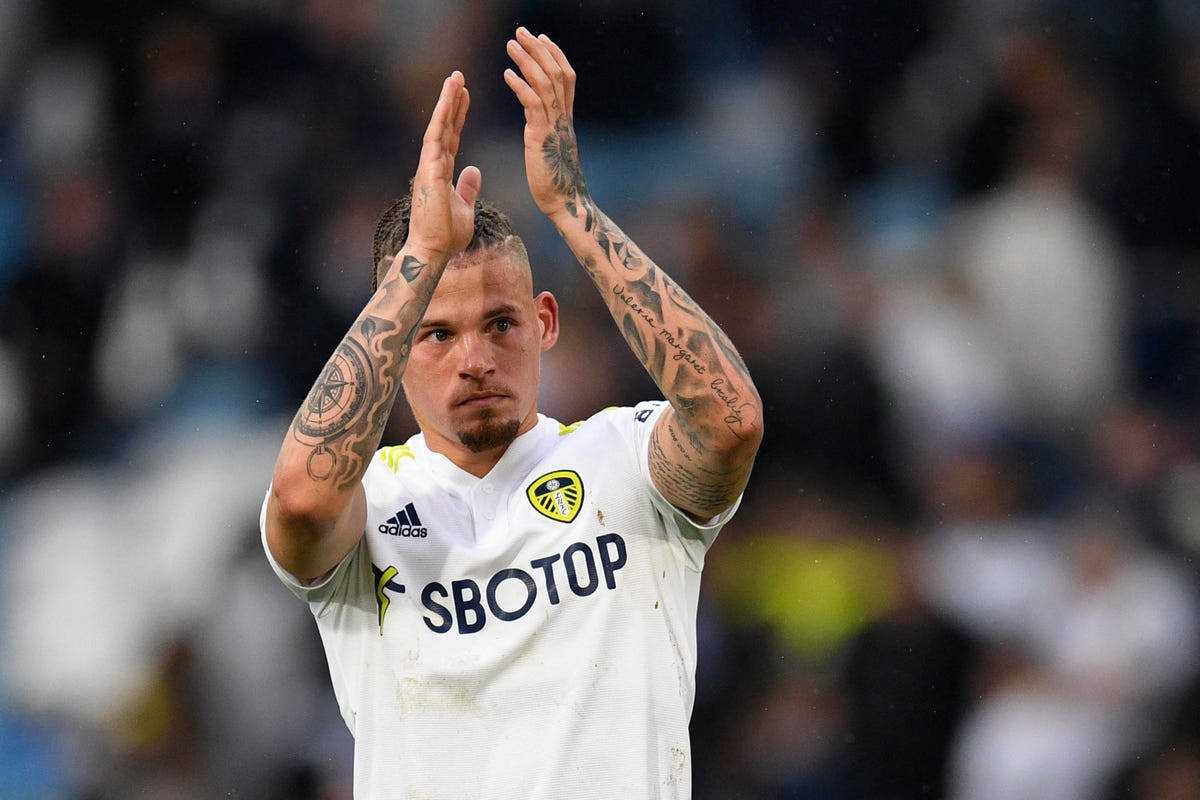 Kalvin Phillips, white Leeds United jersey, stadium pitch, SD Desktop Wallpaper