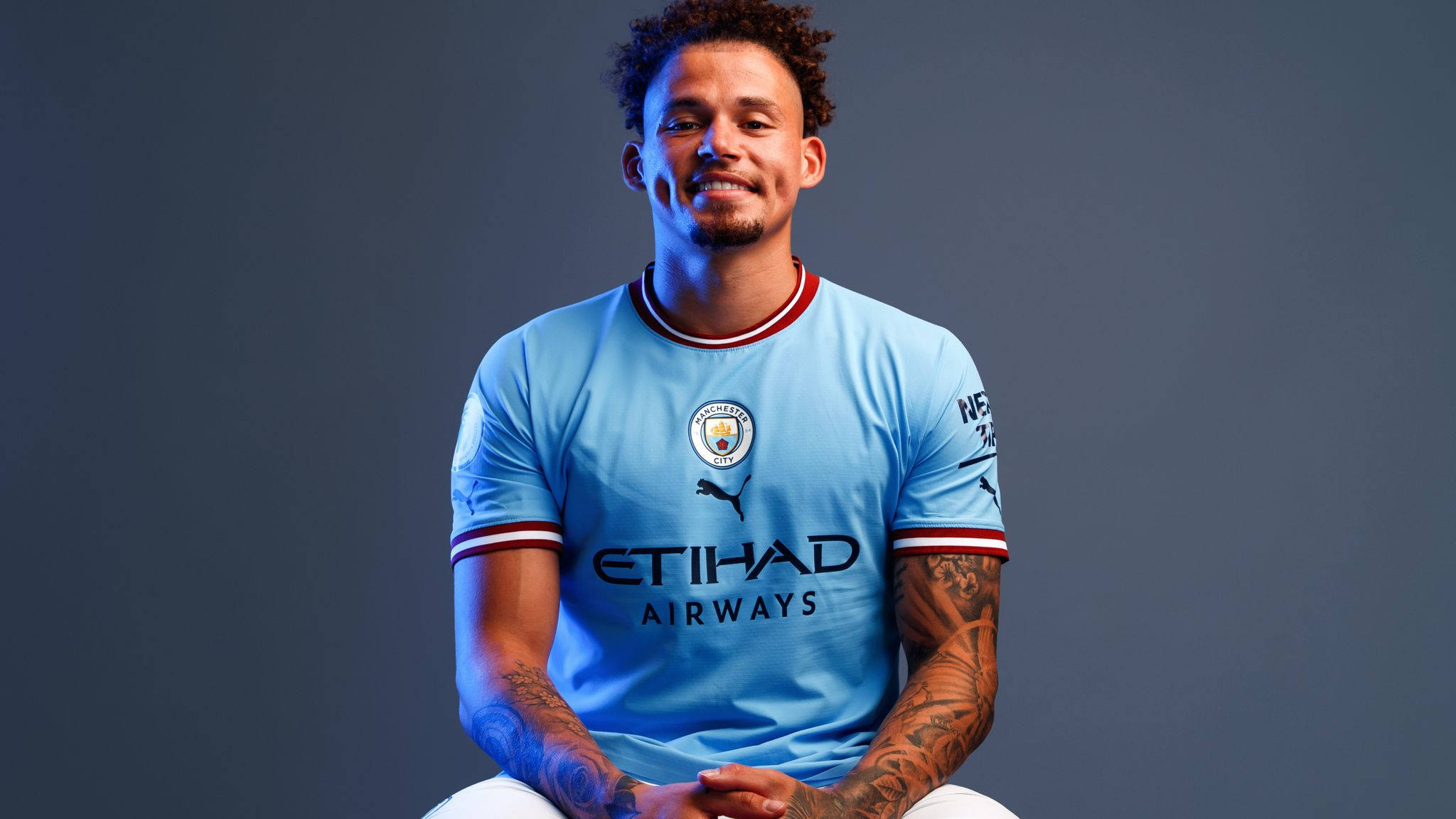 Kalvin Phillips, light blue Manchester City jersey, tattoos on arms, Full HD Desktop Wallpaper