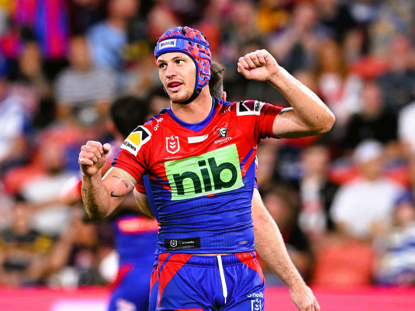 Kalyn Ponga, red and blue gear, stadium field, HD Desktop Wallpaper