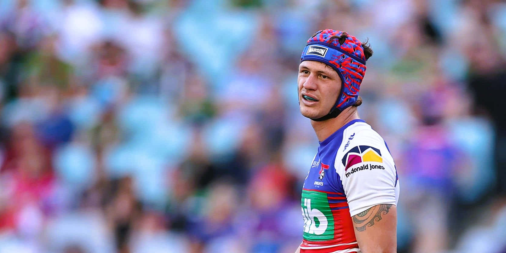 Kalyn Ponga, blue red and white jersey, patterned headguard, HD Desktop Wallpaper