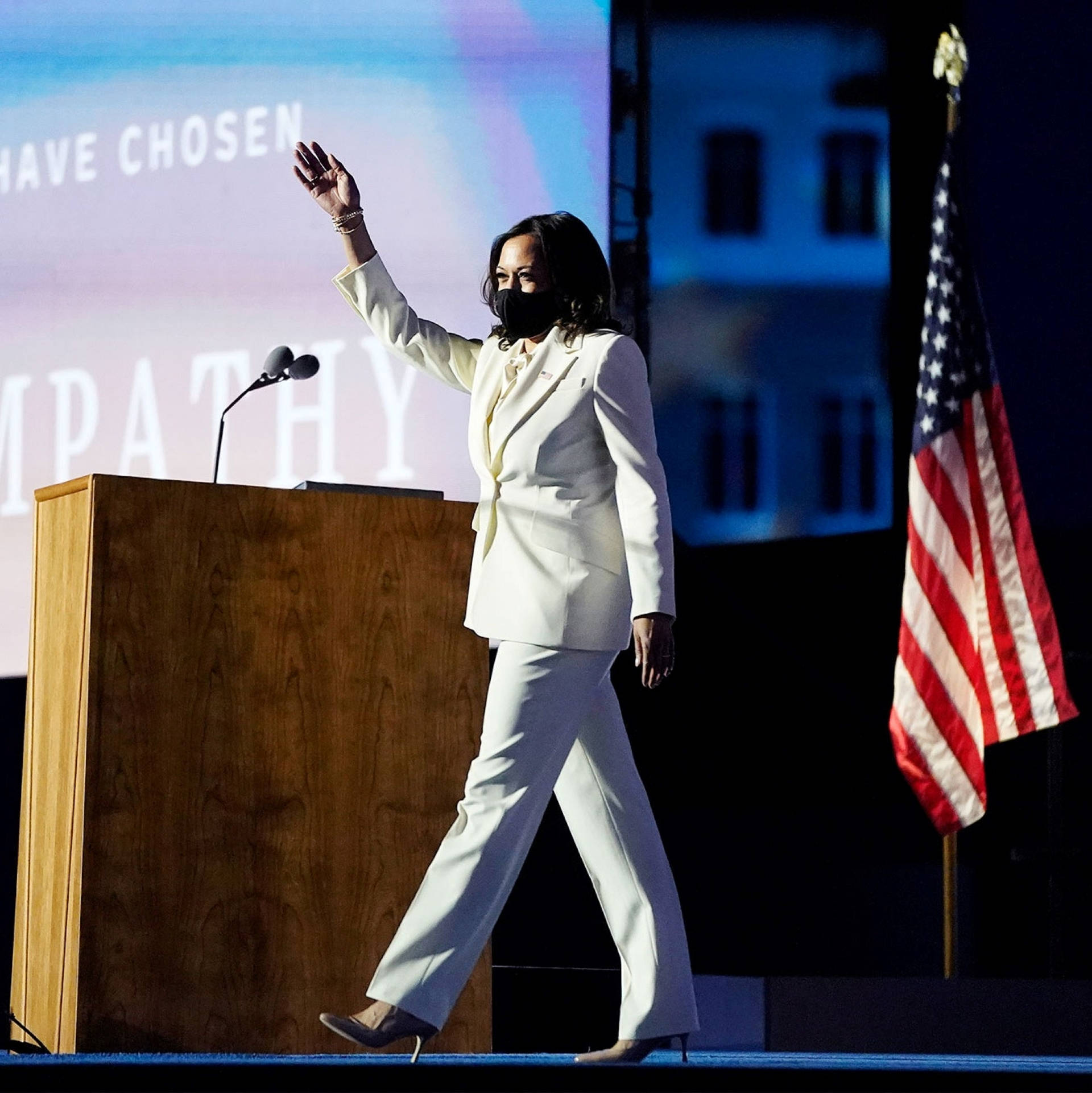 Kamala Harris, white suit, podium, Full HD Phone Wallpaper