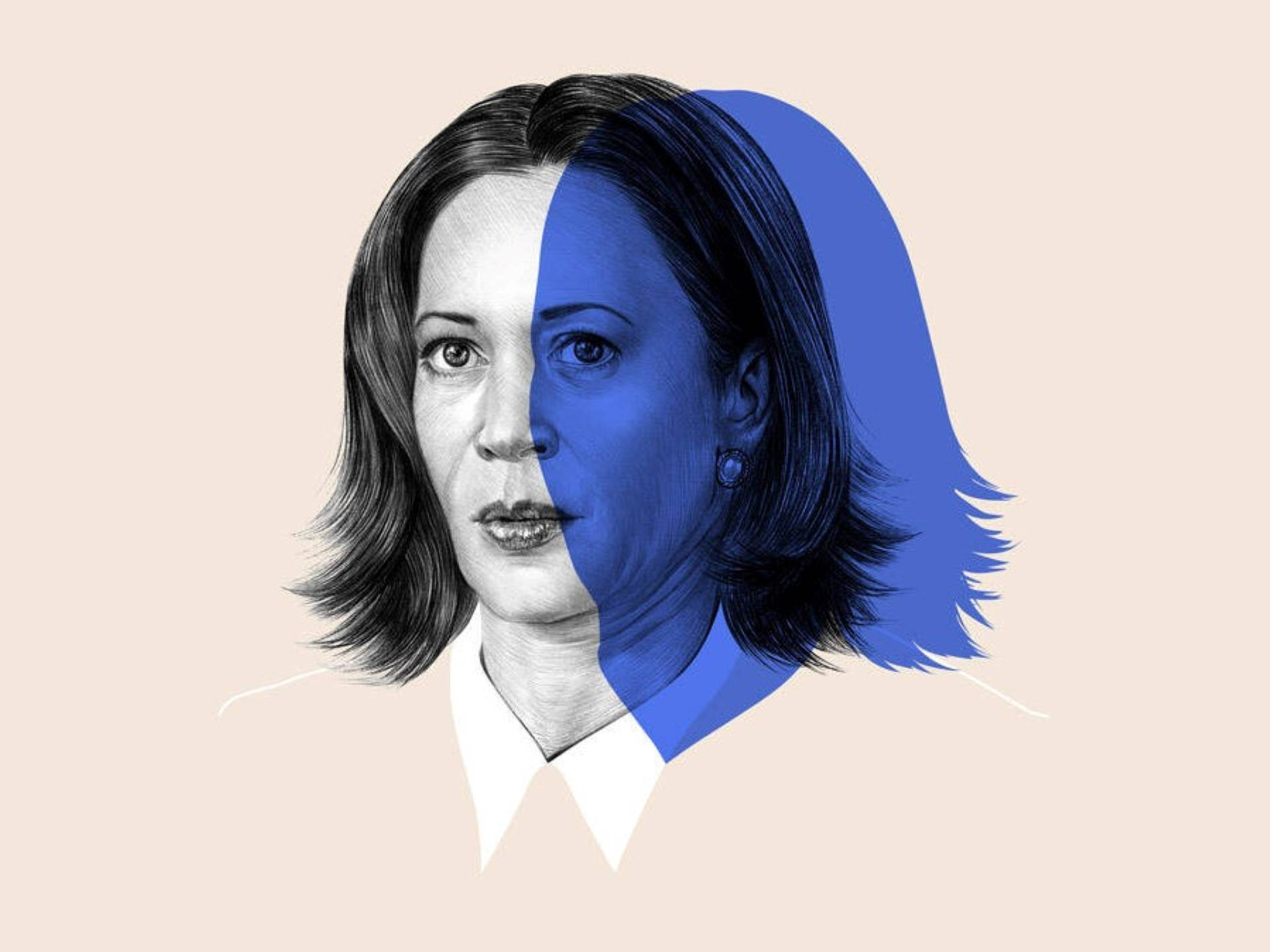 Kamala Harris, grayscale pencil style, bold blue digital color, Full HD Desktop Wallpaper