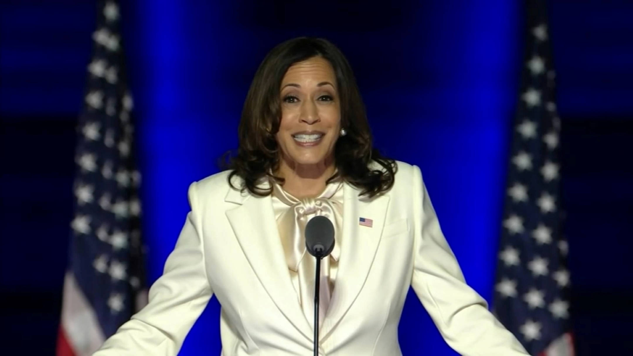 Kamala Harris, white suit, podium, Full HD Desktop Wallpaper