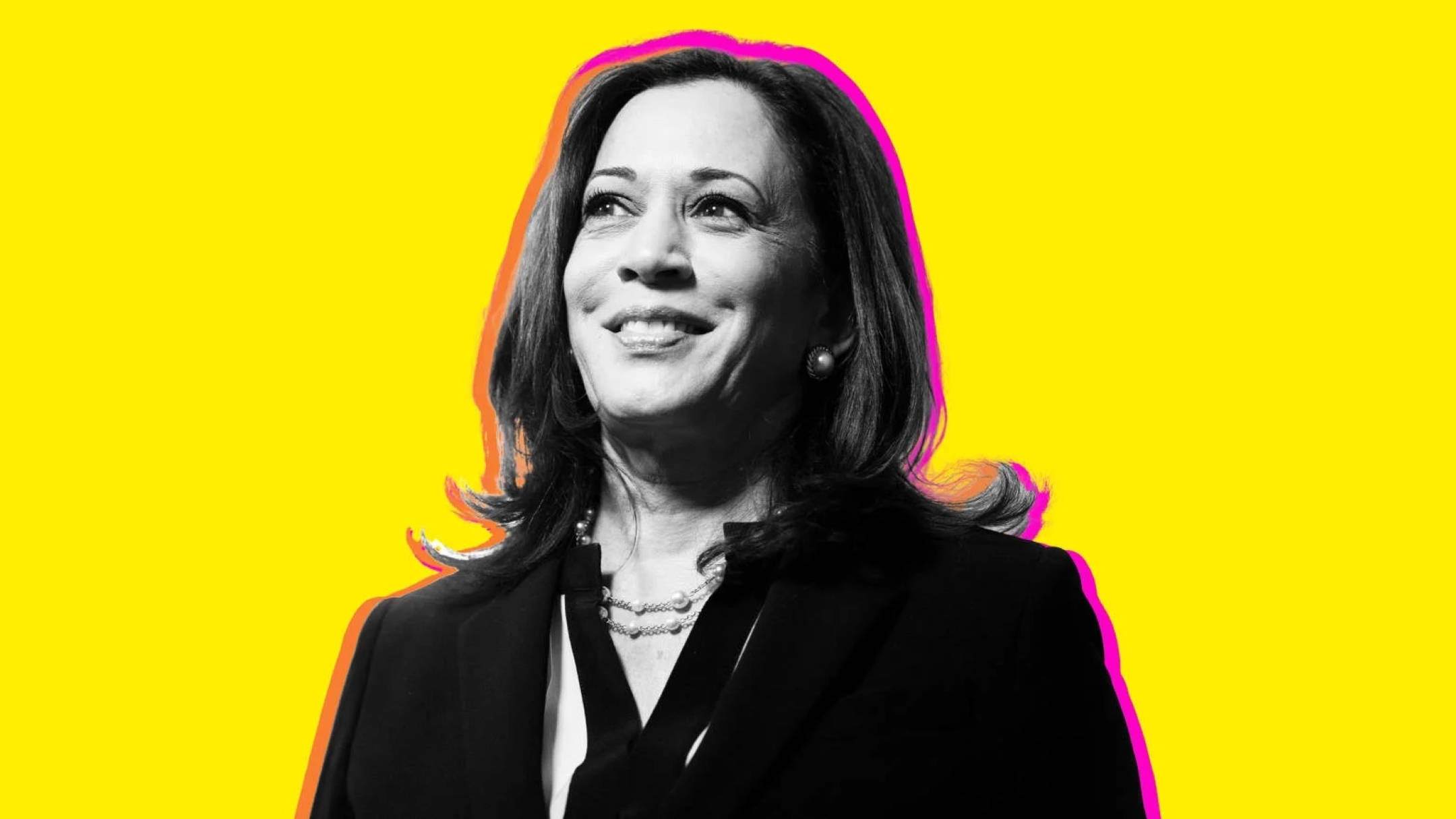 Kamala Harris, black and white portrait, vibrant yellow background, Full HD Desktop Wallpaper