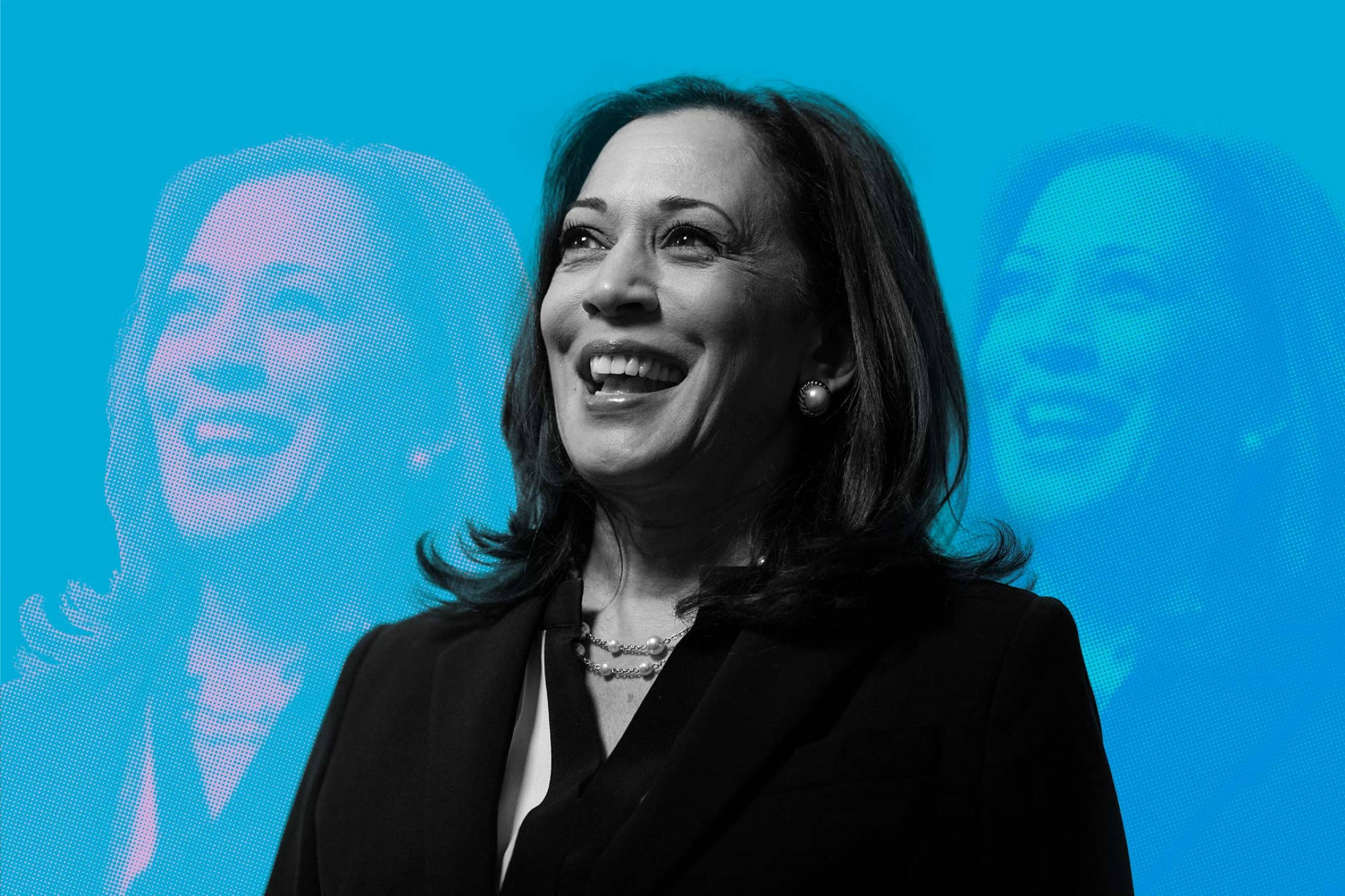 V.P. Kamala Harris, black blazer, vibrant blue screen, Full HD Desktop Wallpaper