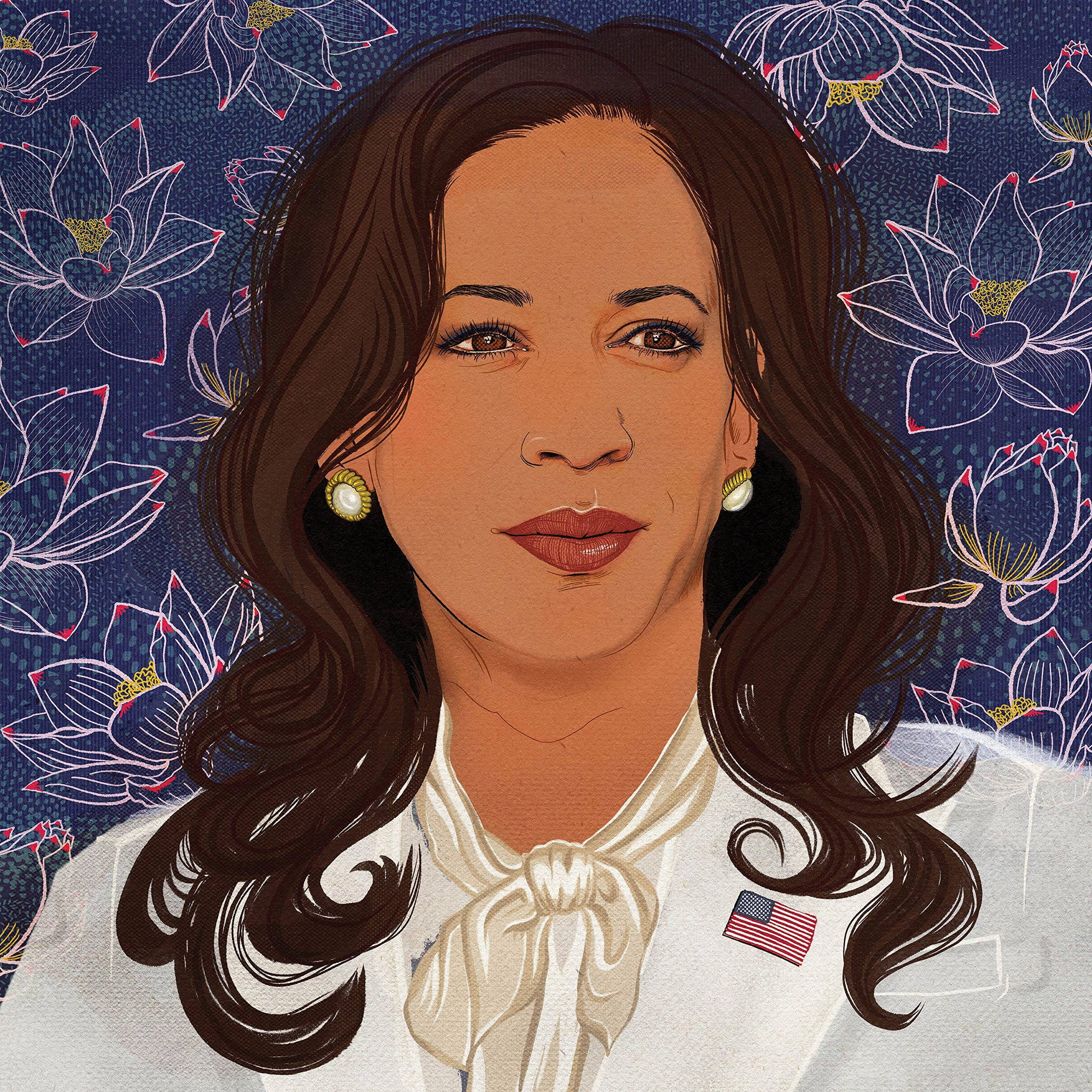 Kamala Harris, dark wavy hair, pearl earrings, 2K Desktop Wallpaper