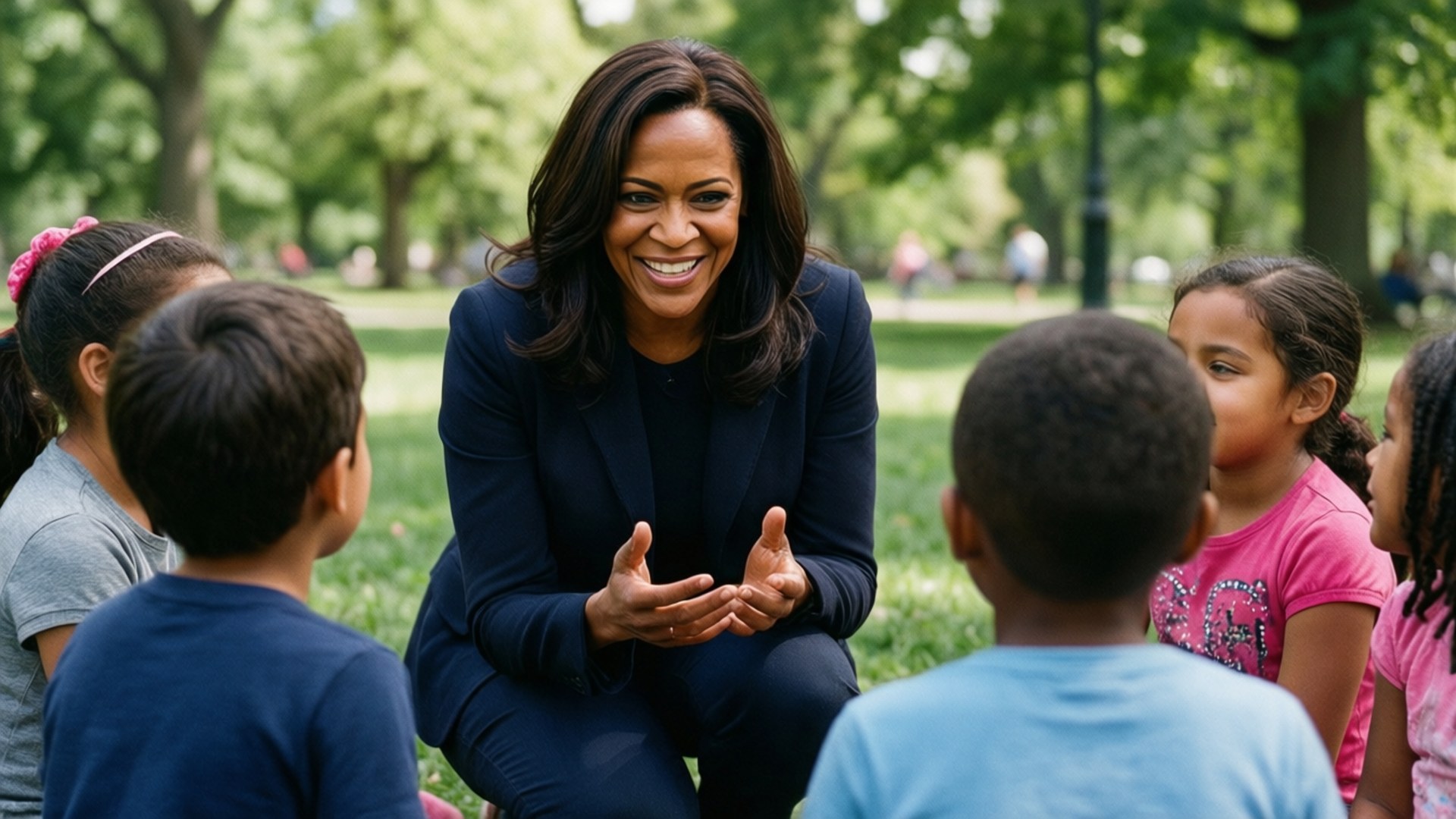 Kamala Harris, dark suit, sunlit park, Full HD Desktop Wallpaper