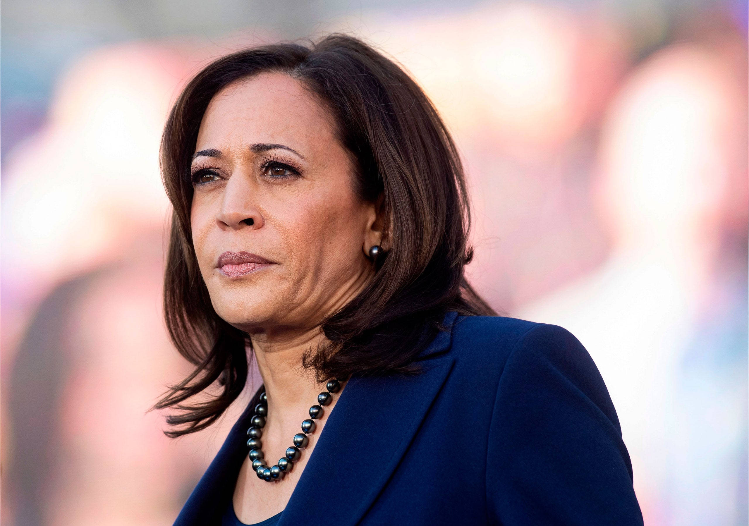 Kamala Harris, black pearls, blue suit, 2K Desktop Wallpaper