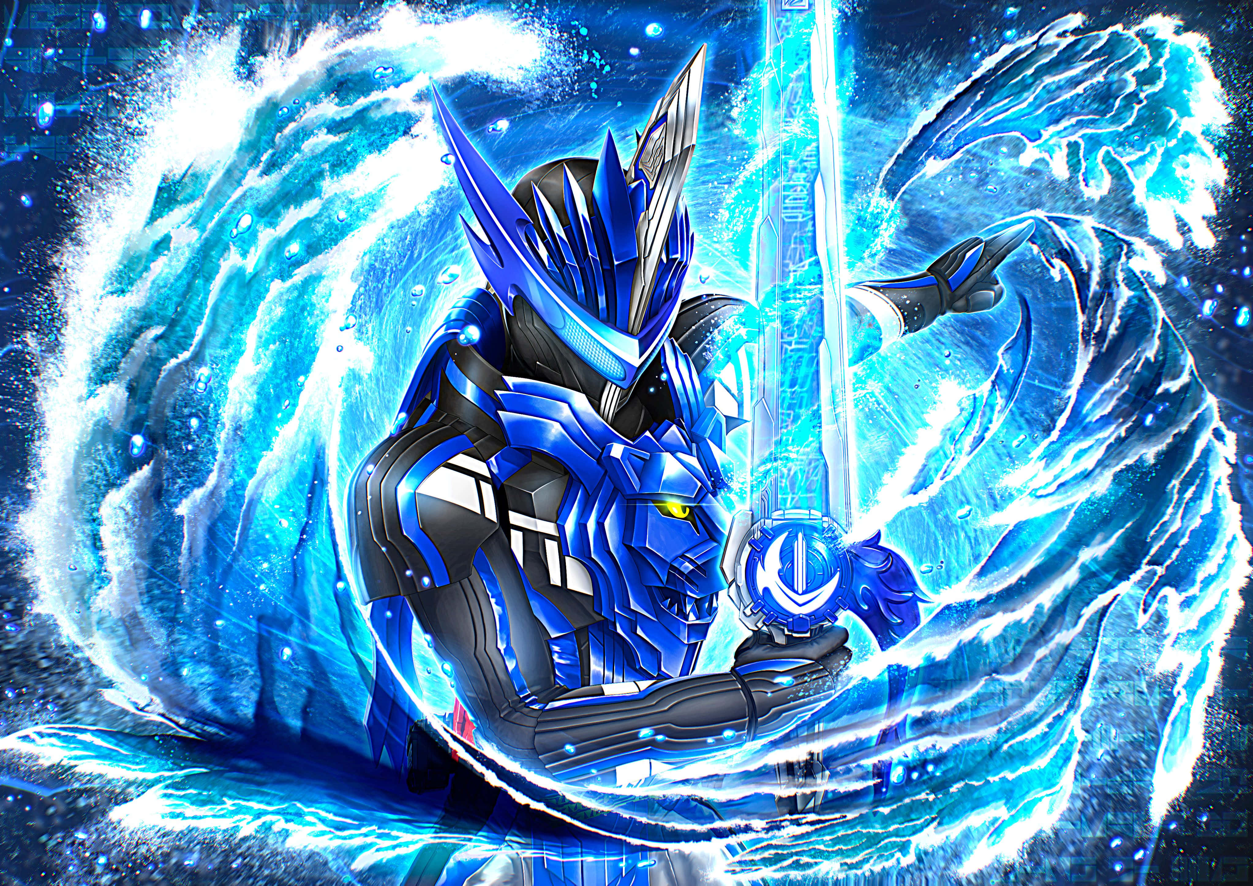 Kamen Rider Water, blue armored hero, glowing sword, 4K Desktop Wallpaper