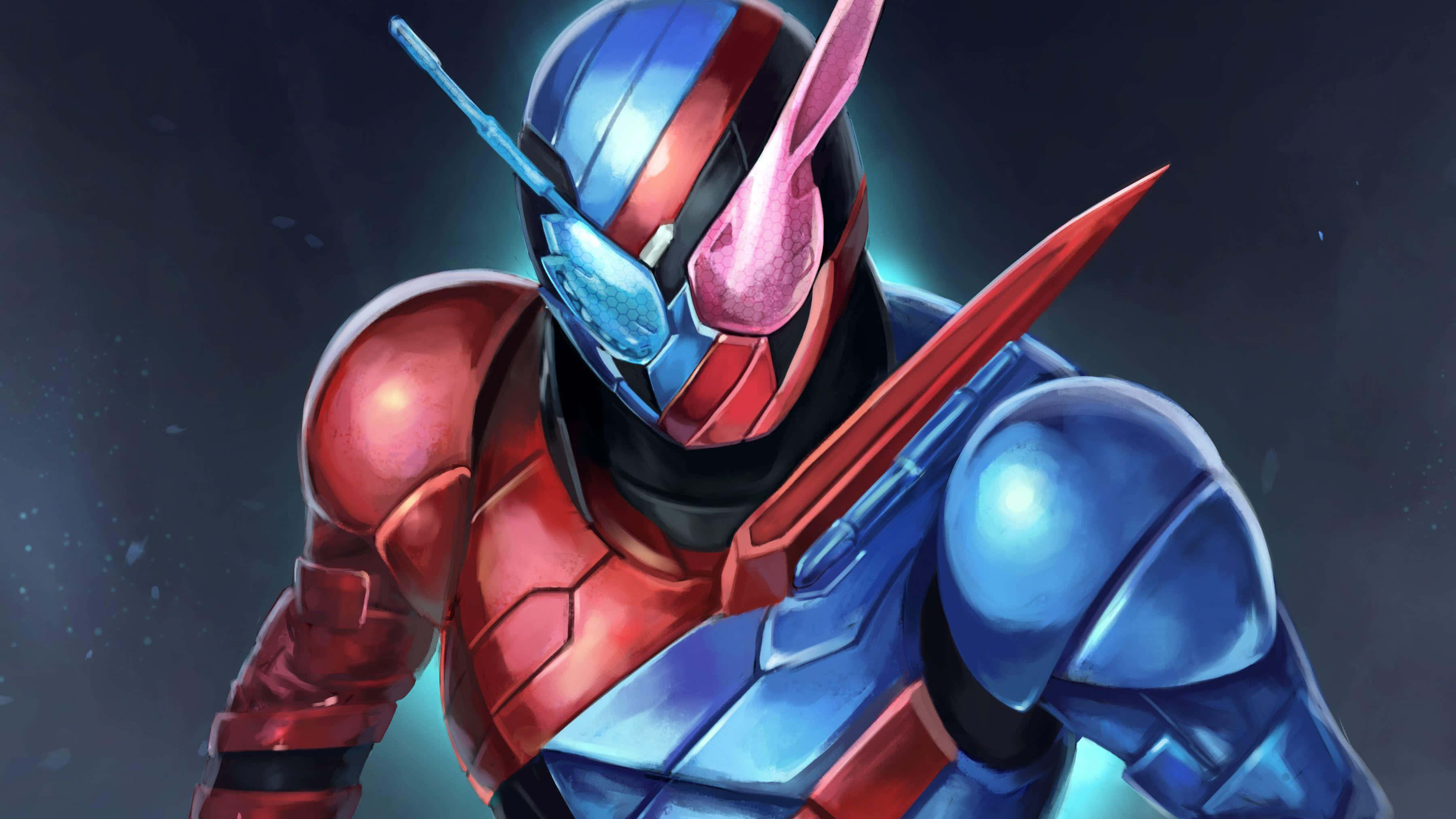 Kamen Rider, red and blue armor, glowing eyes, 2K Desktop Wallpaper
