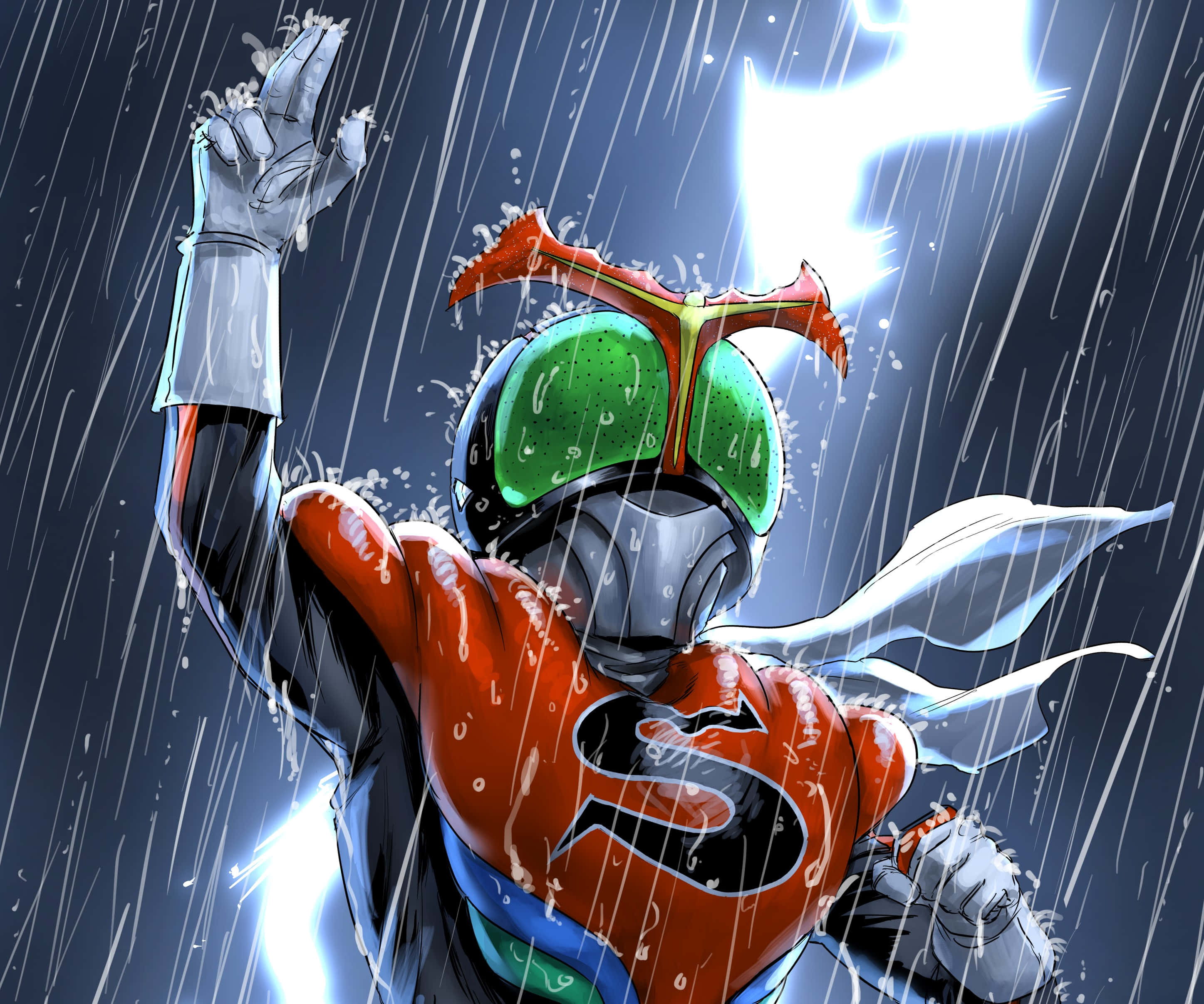 Kamen Rider, red armor, downpour, 2K Desktop Wallpaper