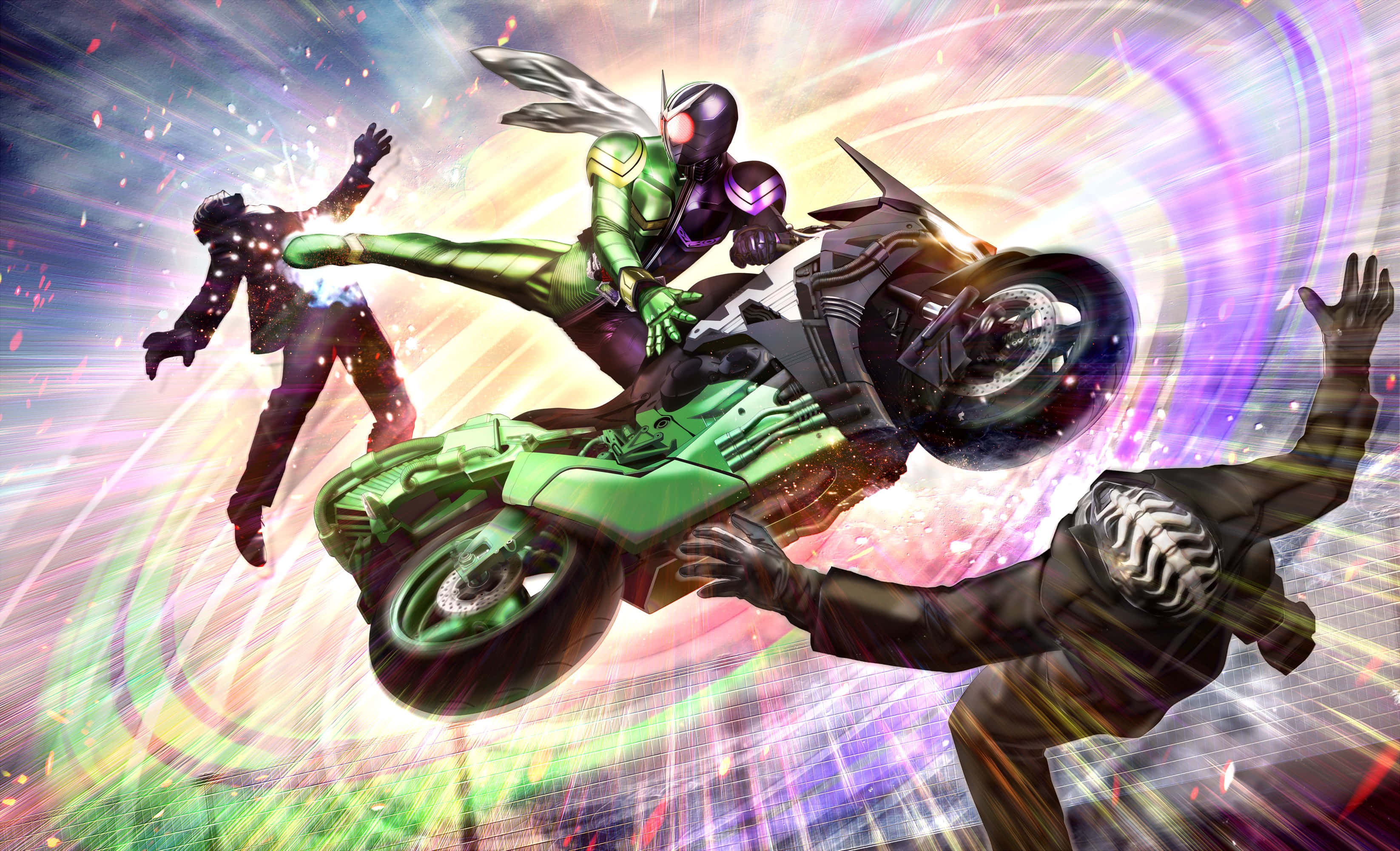 Kamen Rider, epic battle scene, green armored hero, 2K Desktop Wallpaper