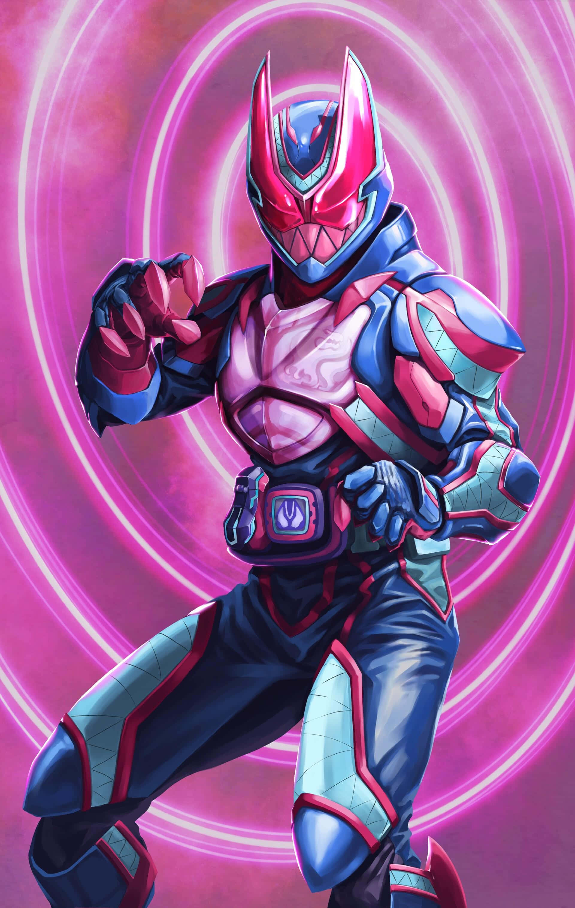 Kamen Rider, blue and pink armor, neon pink energy vortex, 2K Phone Wallpaper