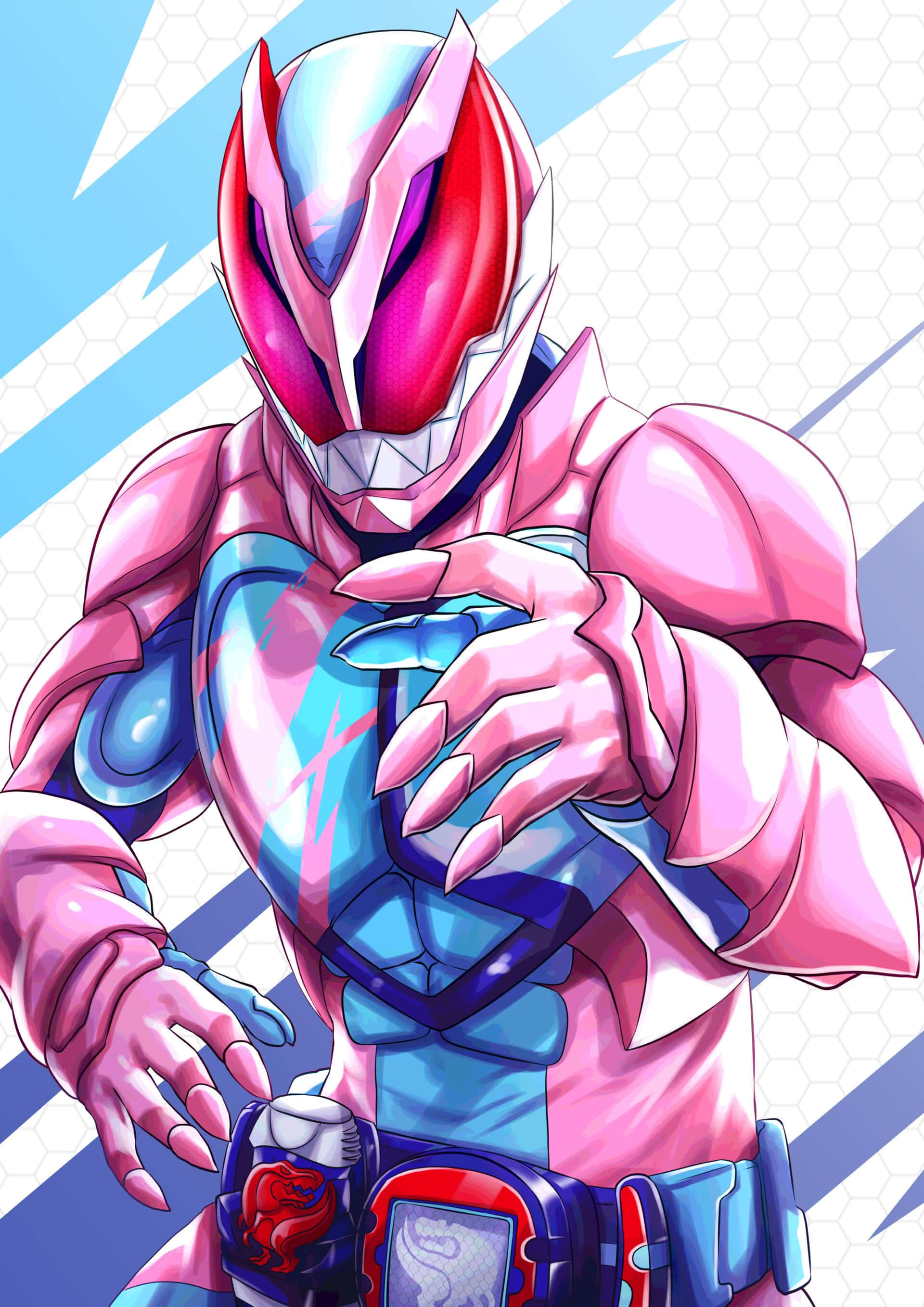 Kamen Rider Pink Armor, pink and blue armored superhero, glowing eyes, 2K Phone Wallpaper
