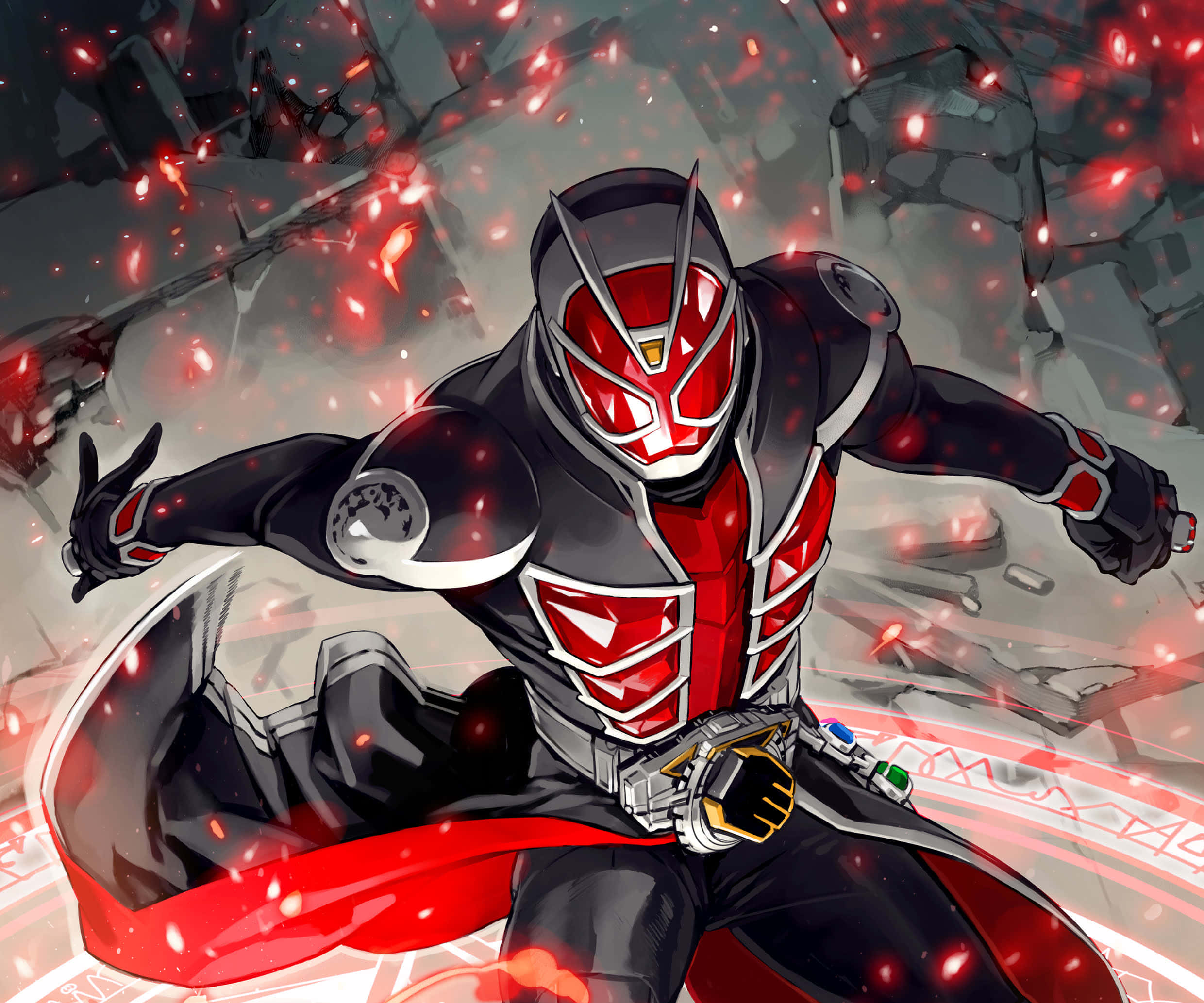 Kamen Rider, red and black armored hero, glowing red particles, Full HD Desktop Wallpaper