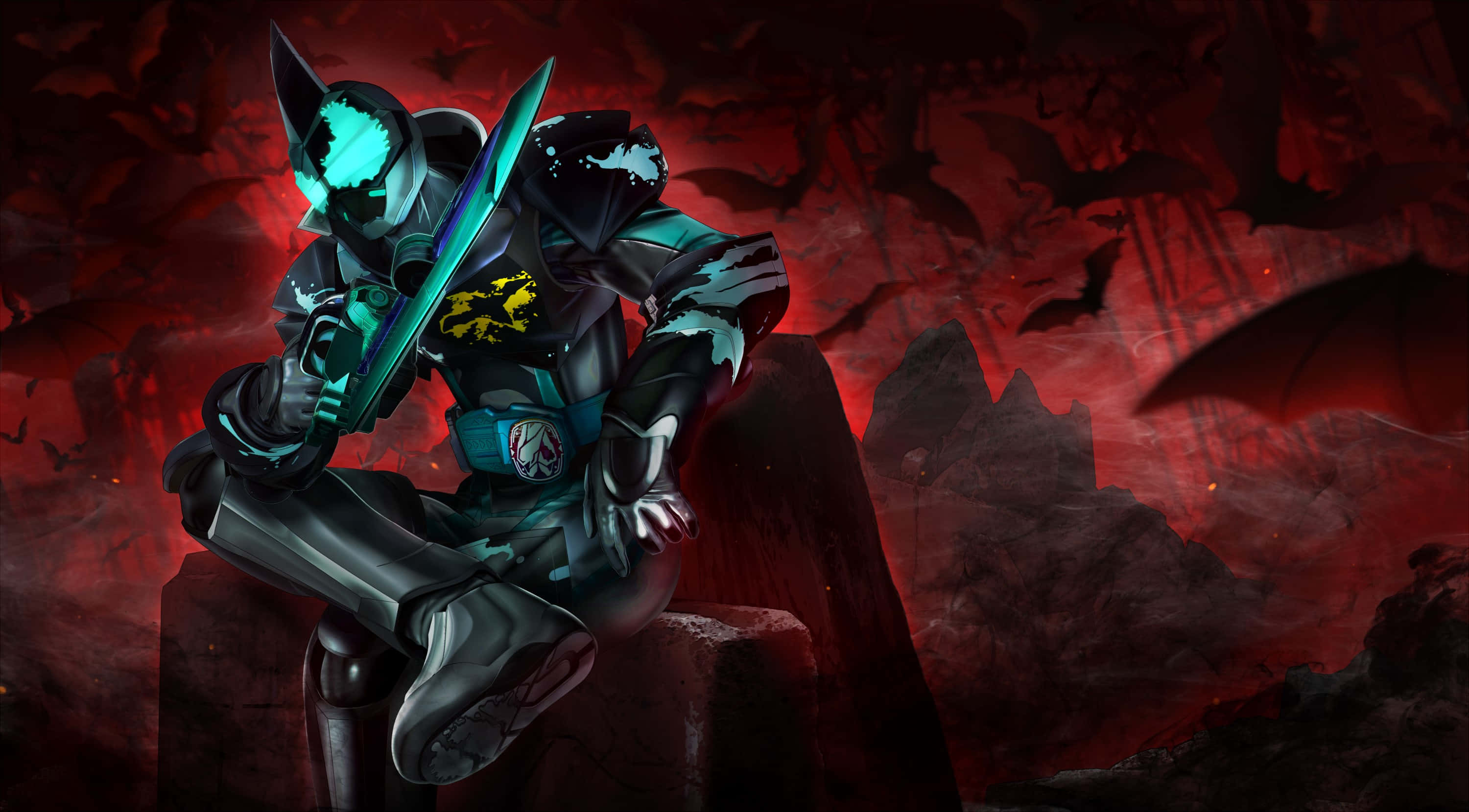 Kamen Rider, dark armored warrior, glowing cyan eyes, 2K Desktop Wallpaper