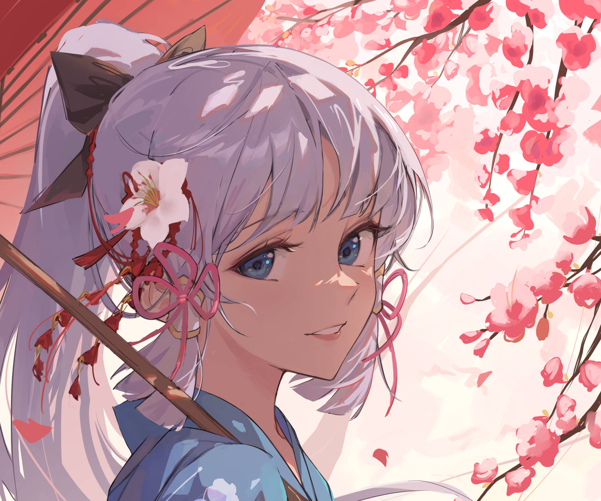 Kamisato Ayaka, cherry blossoms, lavender hair, Full HD Desktop Wallpaper