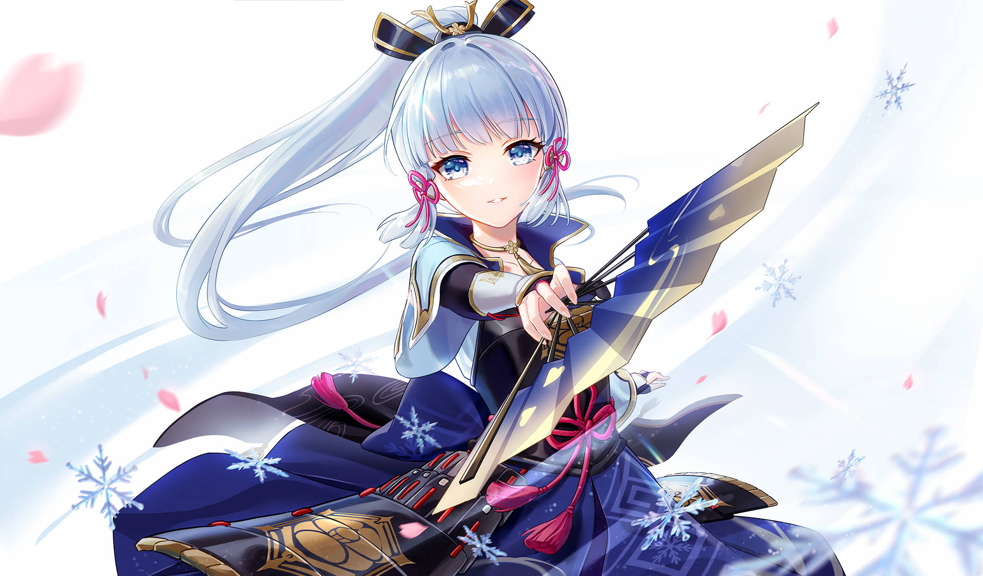 Kamisato Ayaka, snowflakes, blue and gold outfit, Full HD Desktop Wallpaper
