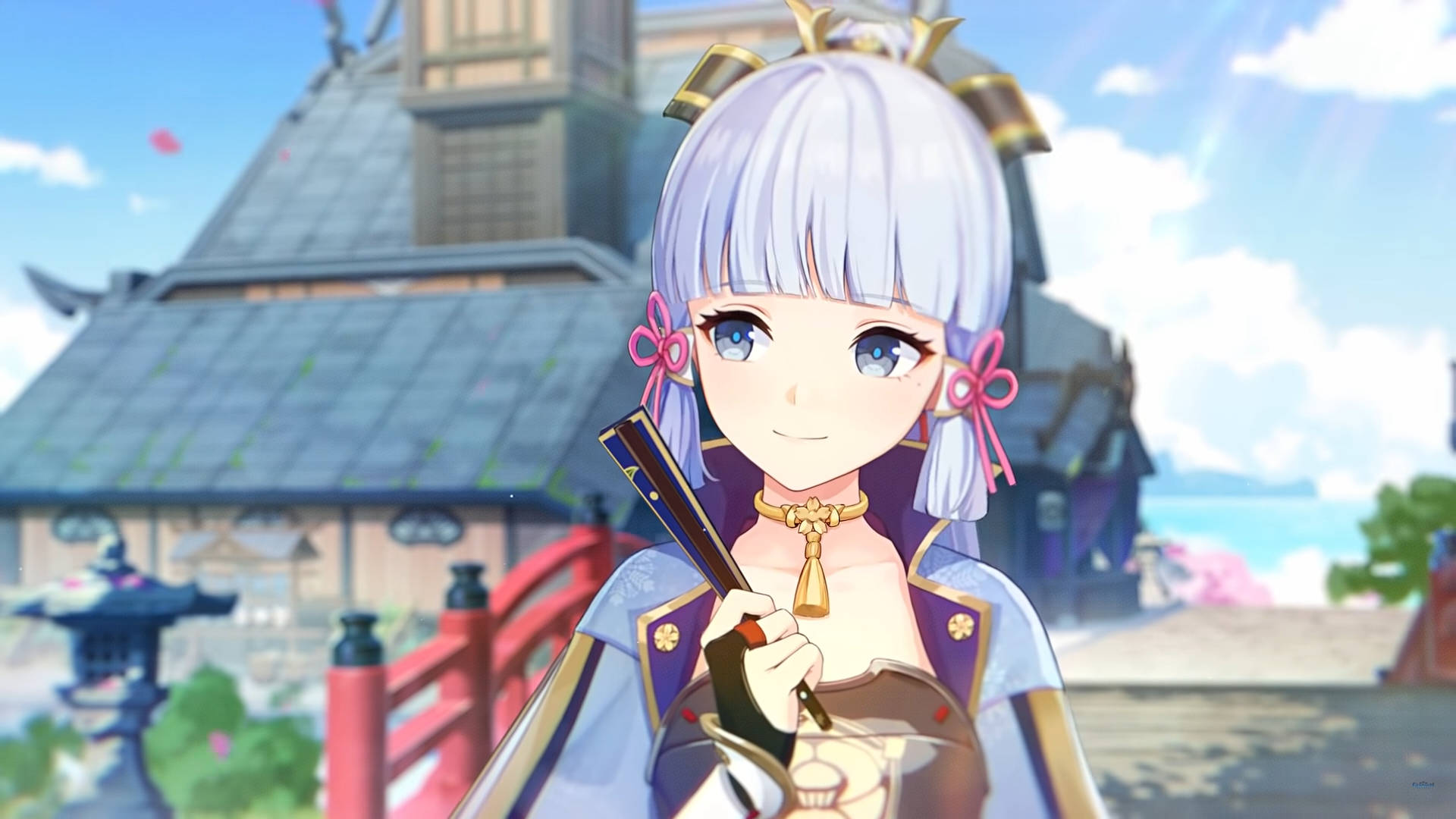 Kamisato Ayaka, red ledged bridge, silver hair, Full HD Desktop Wallpaper