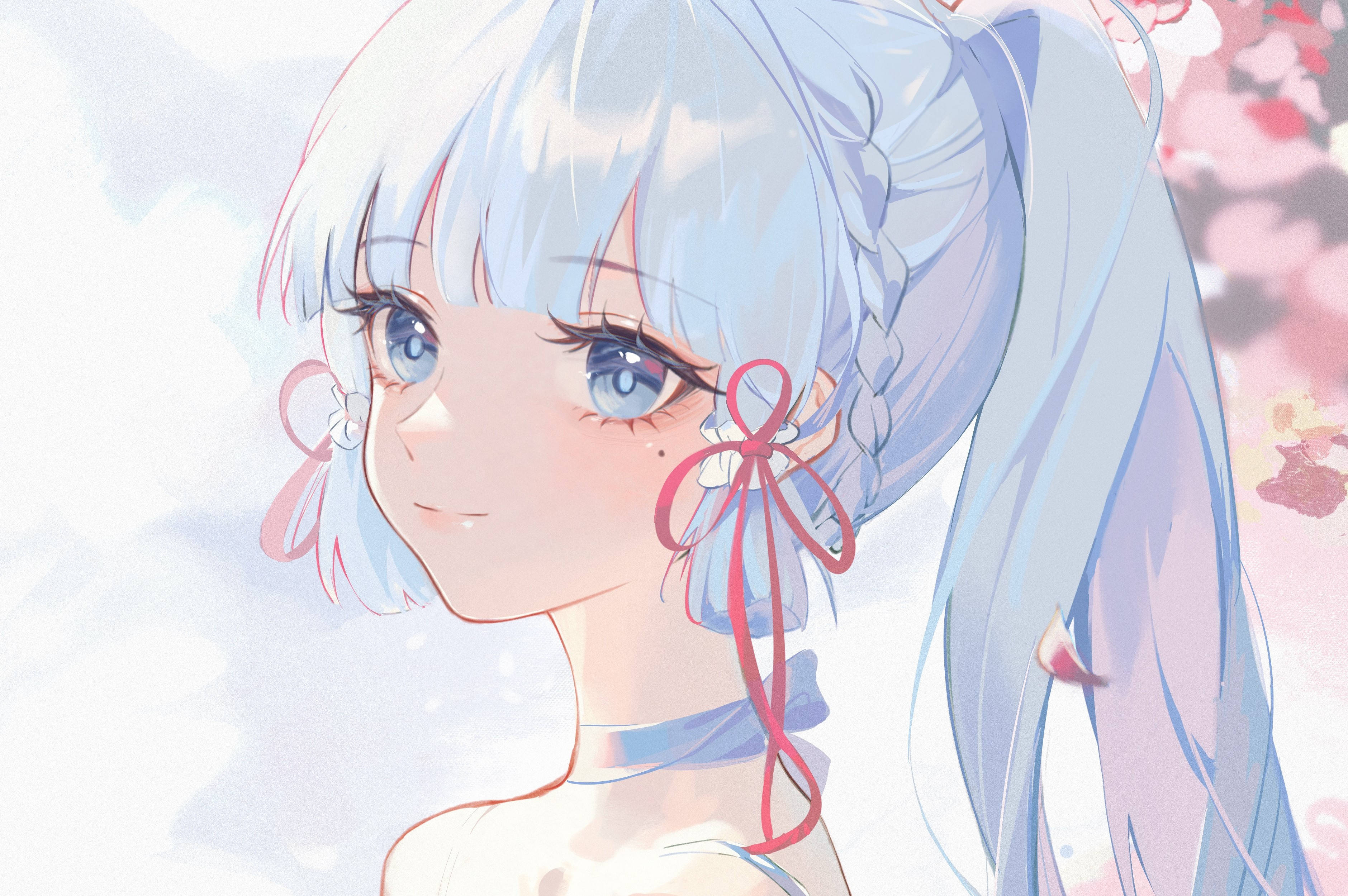 Kamisato Ayaka, braided hair, light blue hair, 2K Desktop Wallpaper