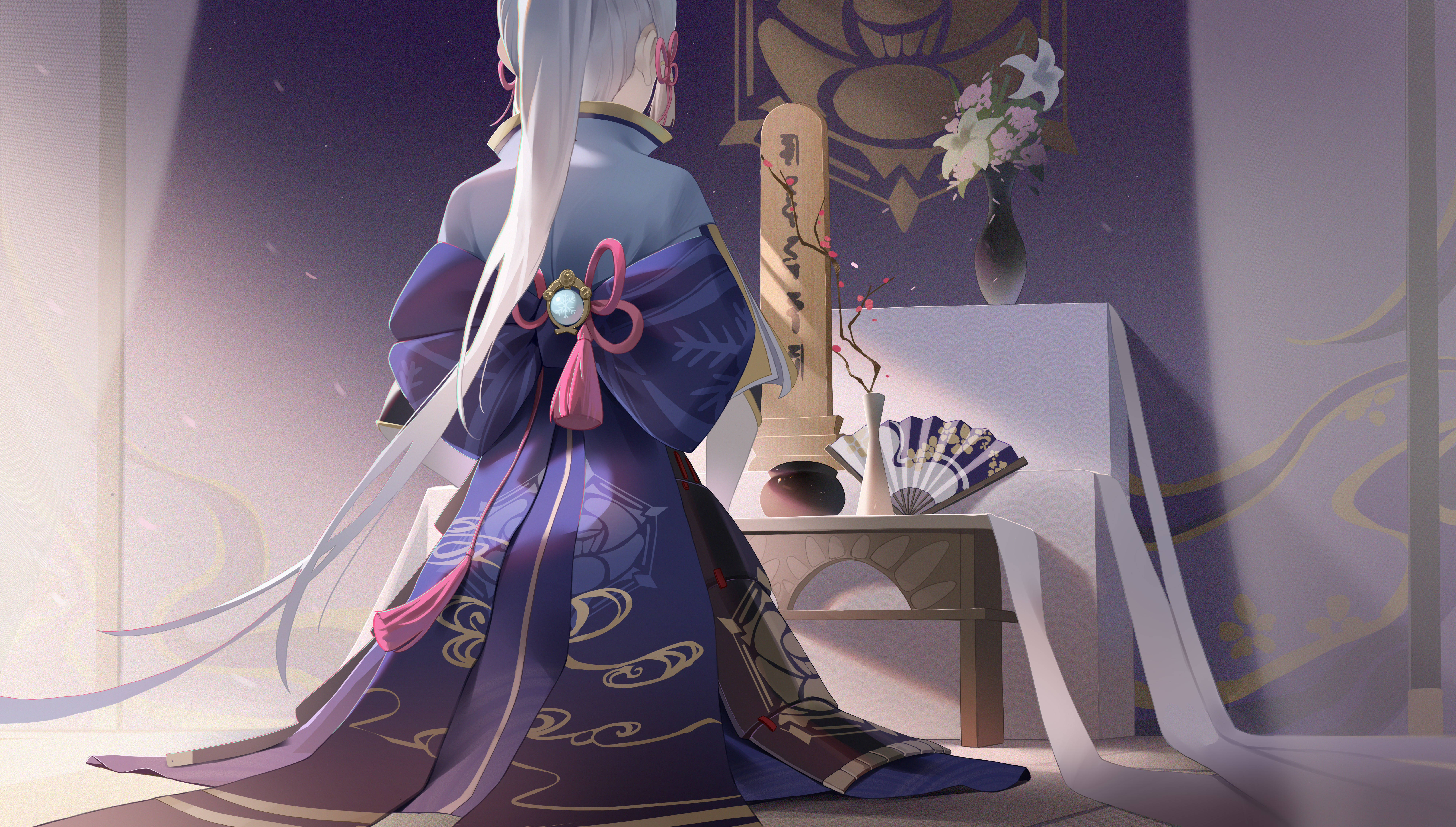 Kamisato Ayaka, silver-haired, purple kimono, 8K Desktop Wallpaper