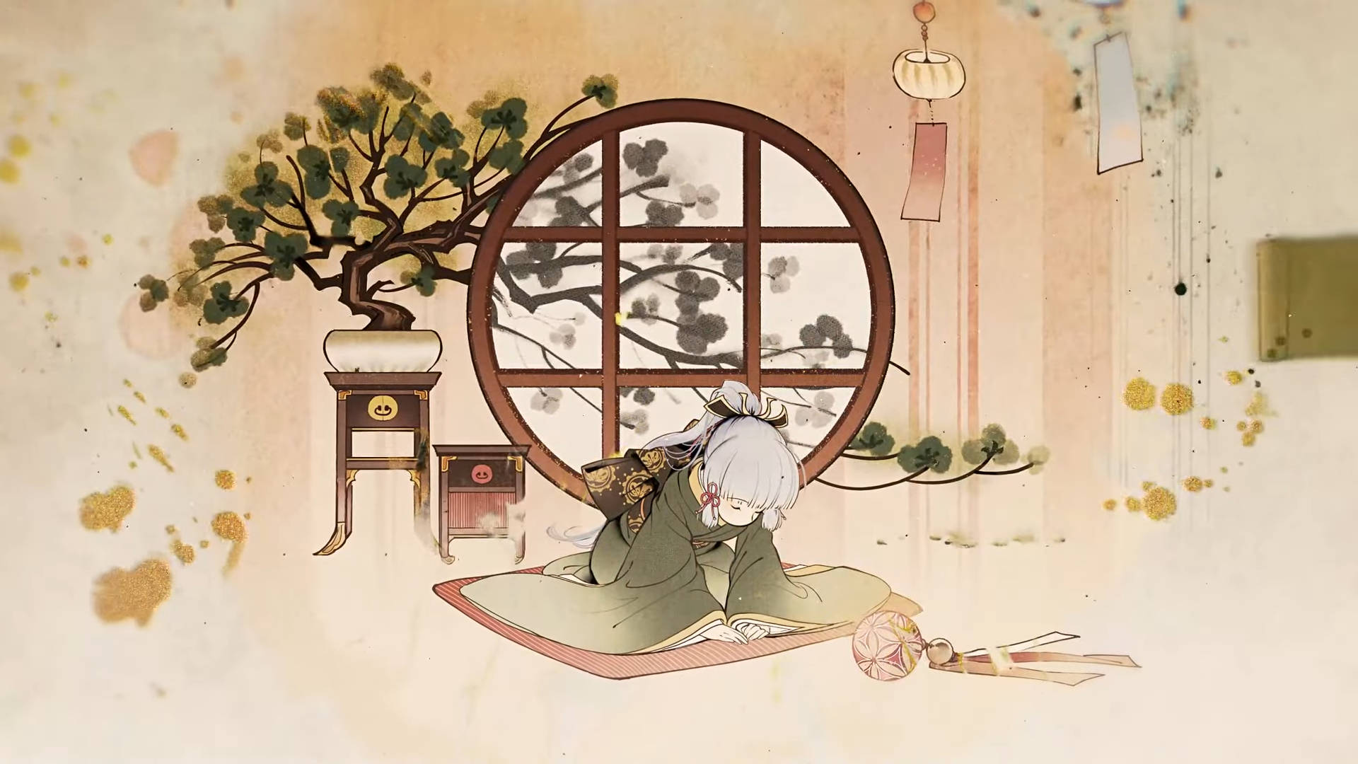 Kamisato Ayaka, traditional robes, round window, Full HD Desktop Wallpaper