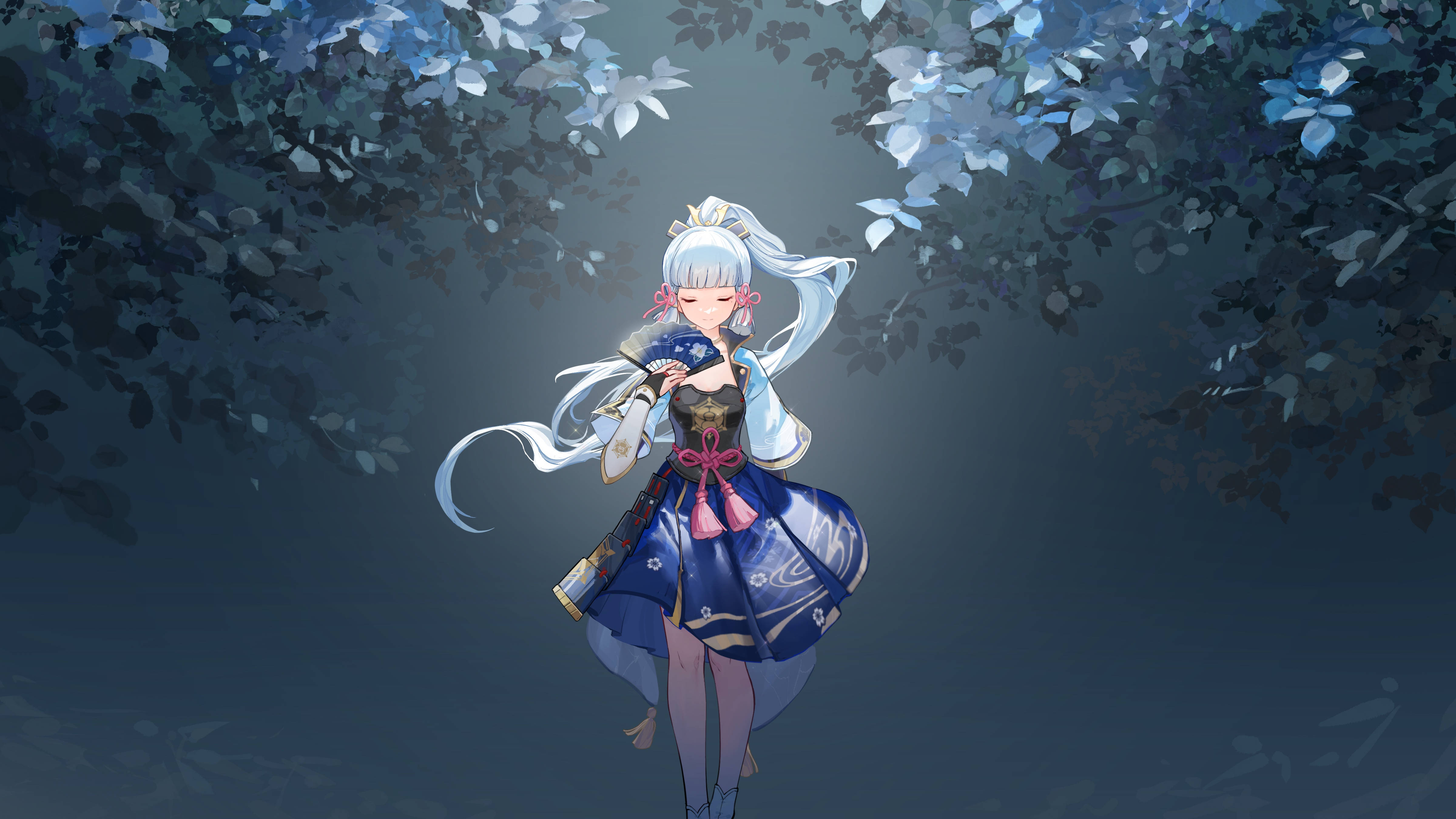 Kamisato Ayaka, silver-haired, blue kimono, 4K Desktop Wallpaper