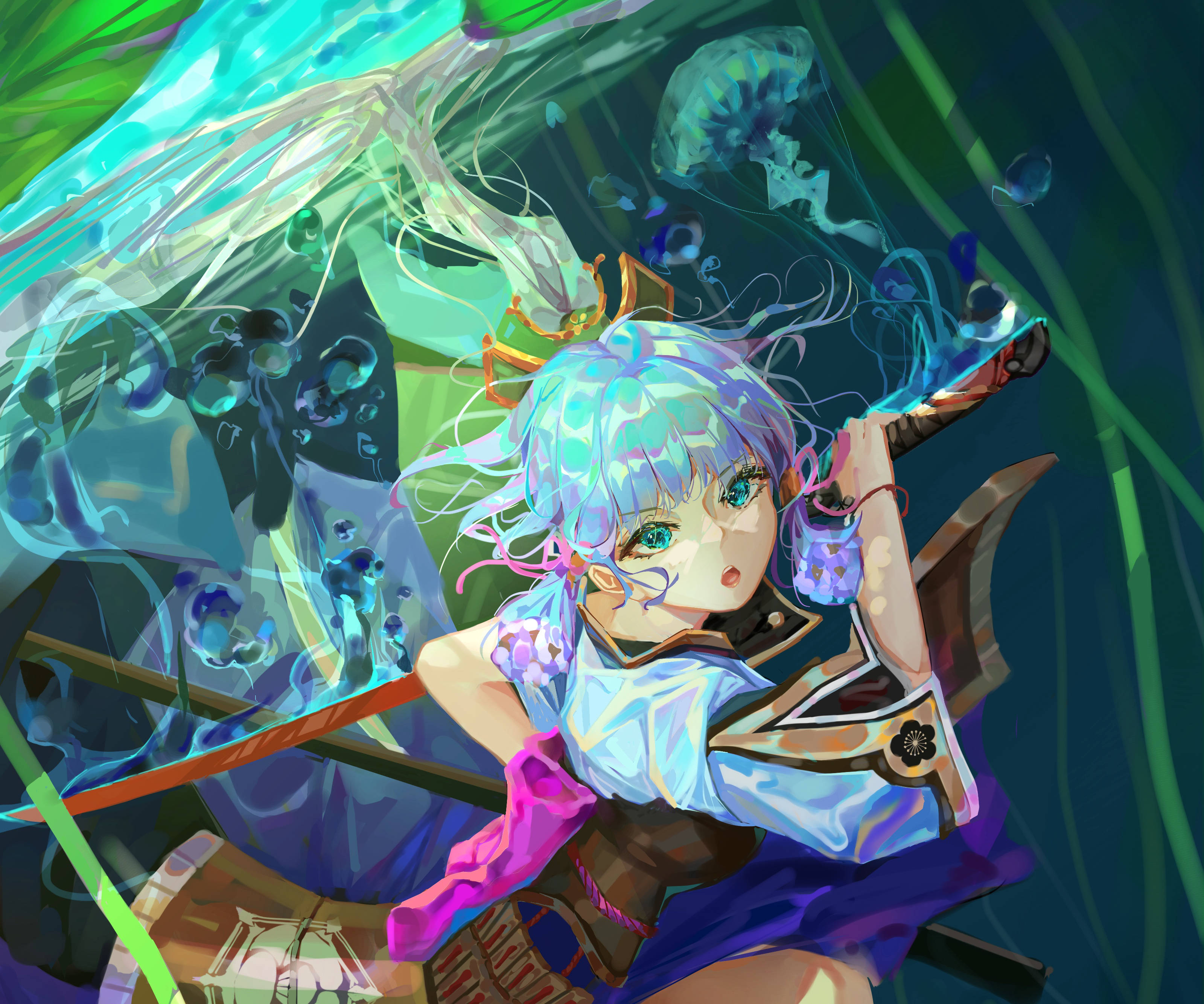 Kamisato Ayaka, blue hair, sword, 2K Desktop Wallpaper