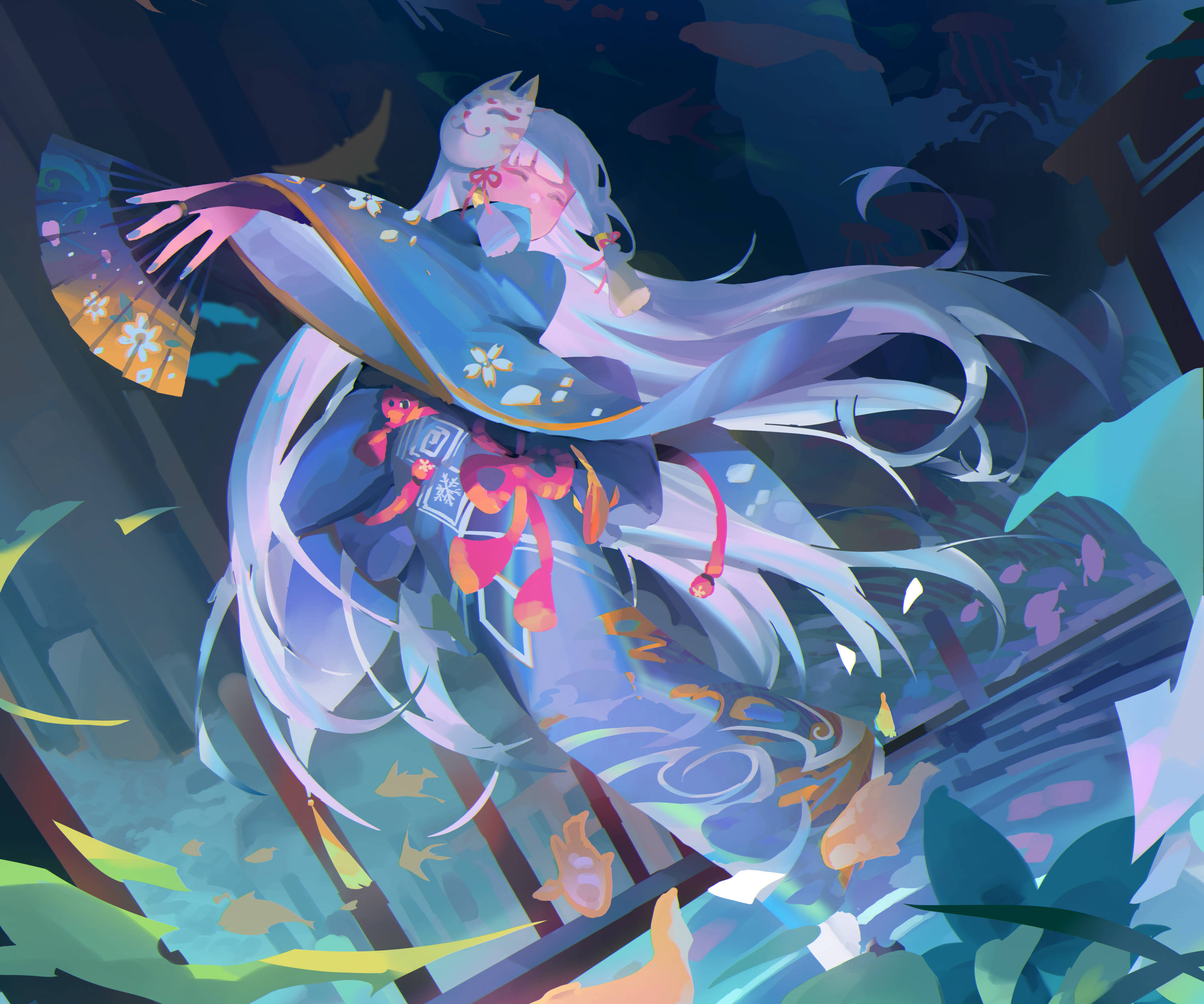 Kamisato Ayaka, graceful dance, flowing blue robes, 2K Desktop Wallpaper