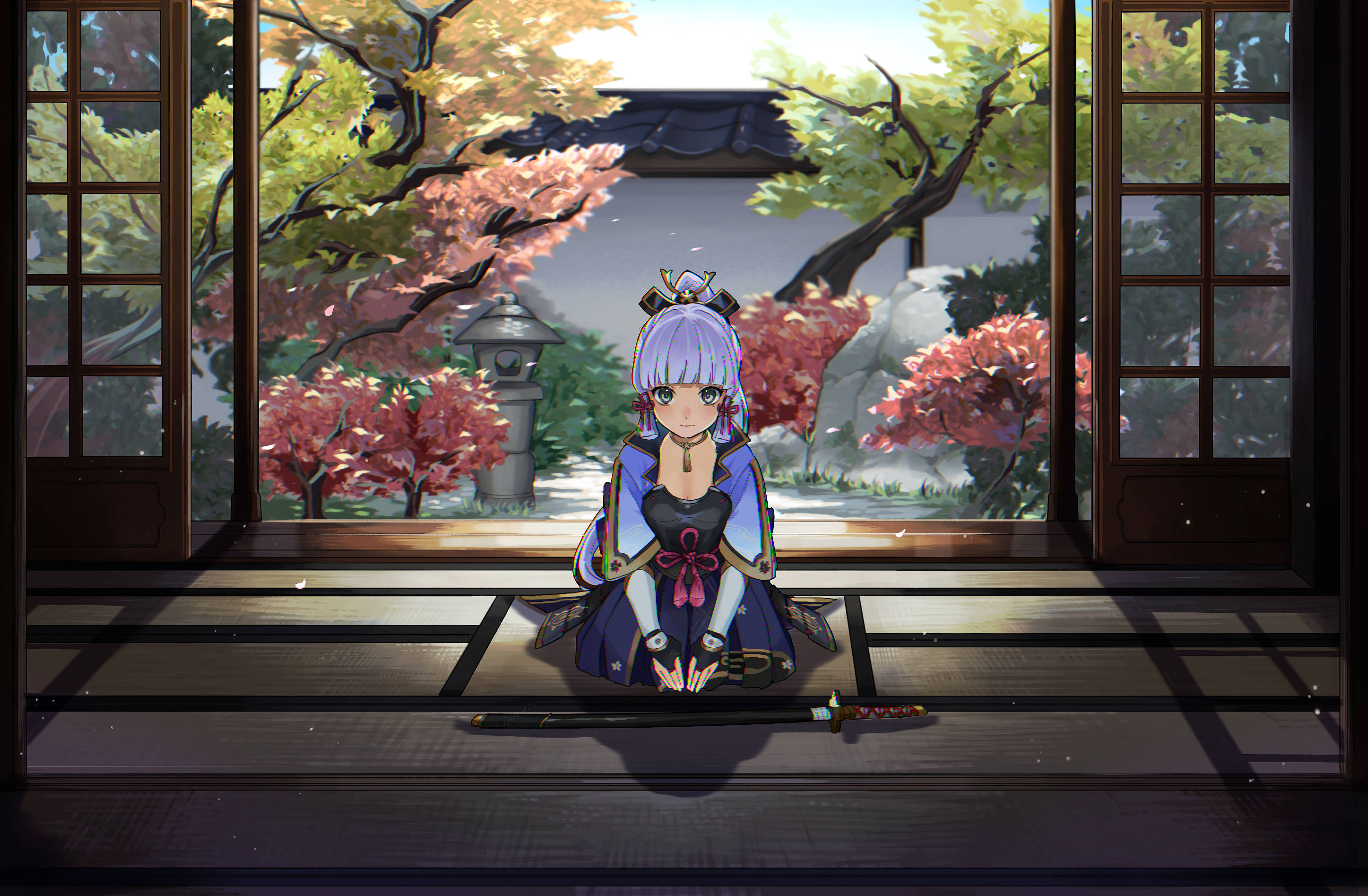 Kamisato Ayaka, purple-haired, traditional attire, 2K Desktop Wallpaper