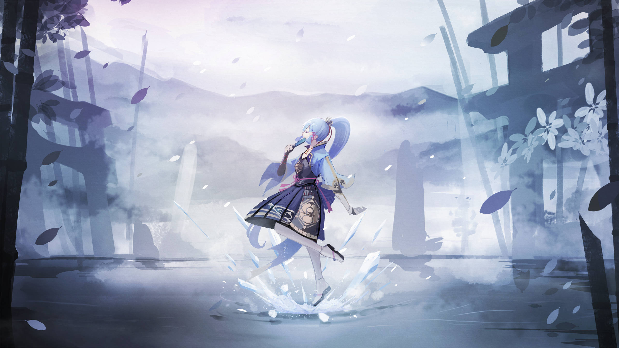 Kamisato Ayaka, icy steps, blue-haired, 2K Desktop Wallpaper
