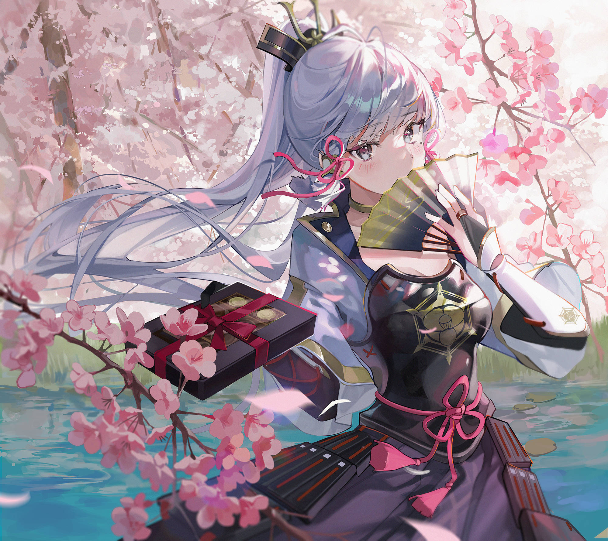 Kamisato Ayaka, chocolate box, pink cherry blossoms, Full HD Desktop Wallpaper